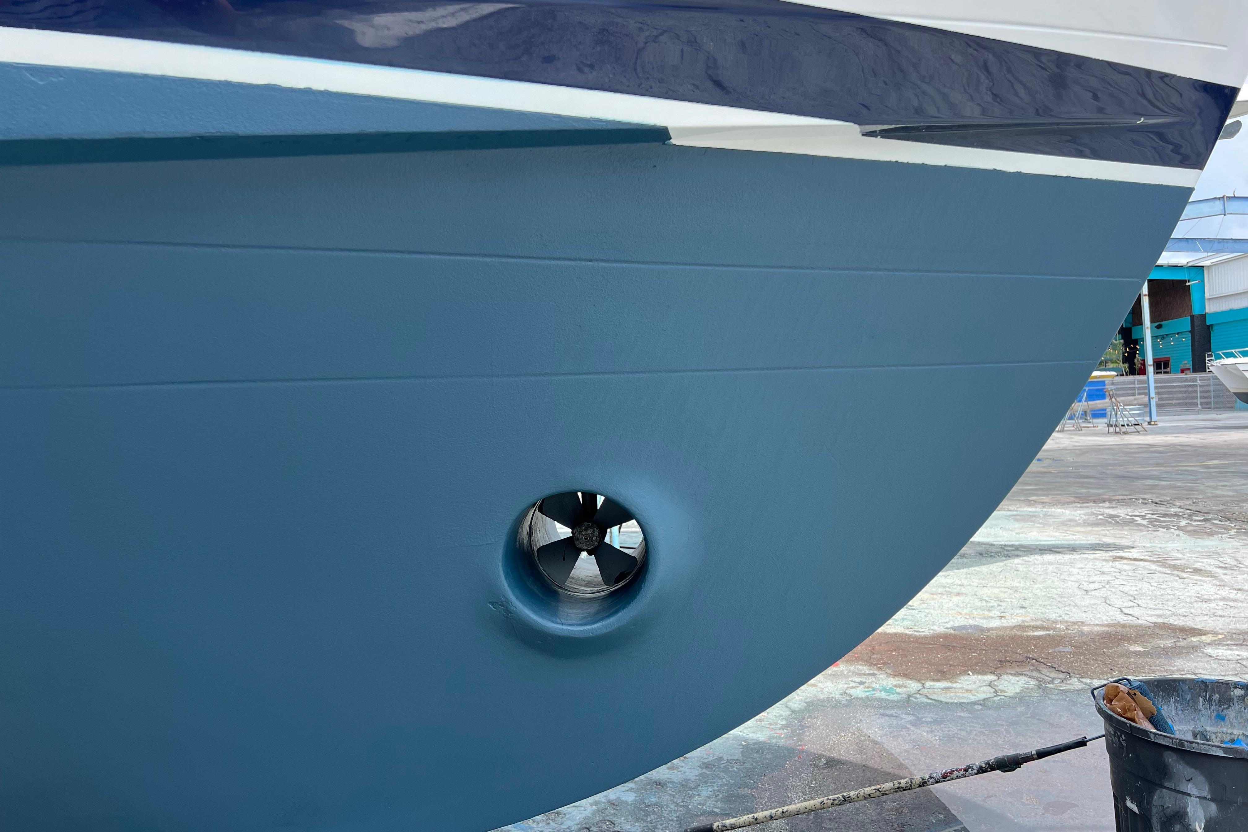 Bow thruster on 2007 Heritage East 36 Sundeck Trawler, docked for maintenance.