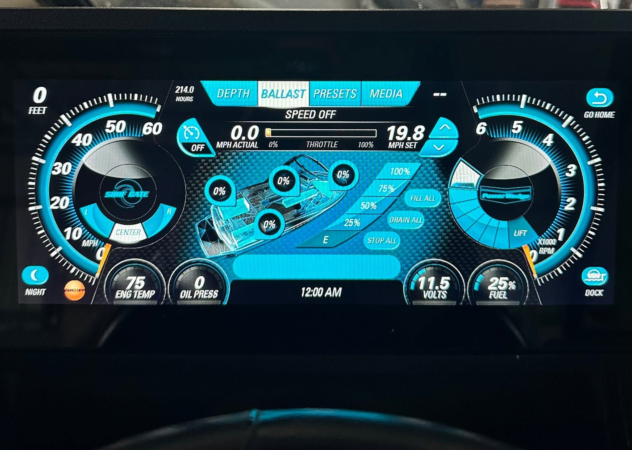 Digital dashboard of a Malibu Wakesetter 23 LSV with speed and fuel indicators.