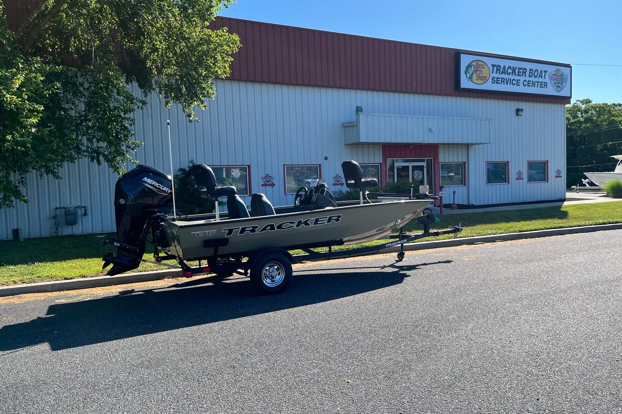 2026 Tracker Pro Team 175 boat outside Tracker Boat Service Center.