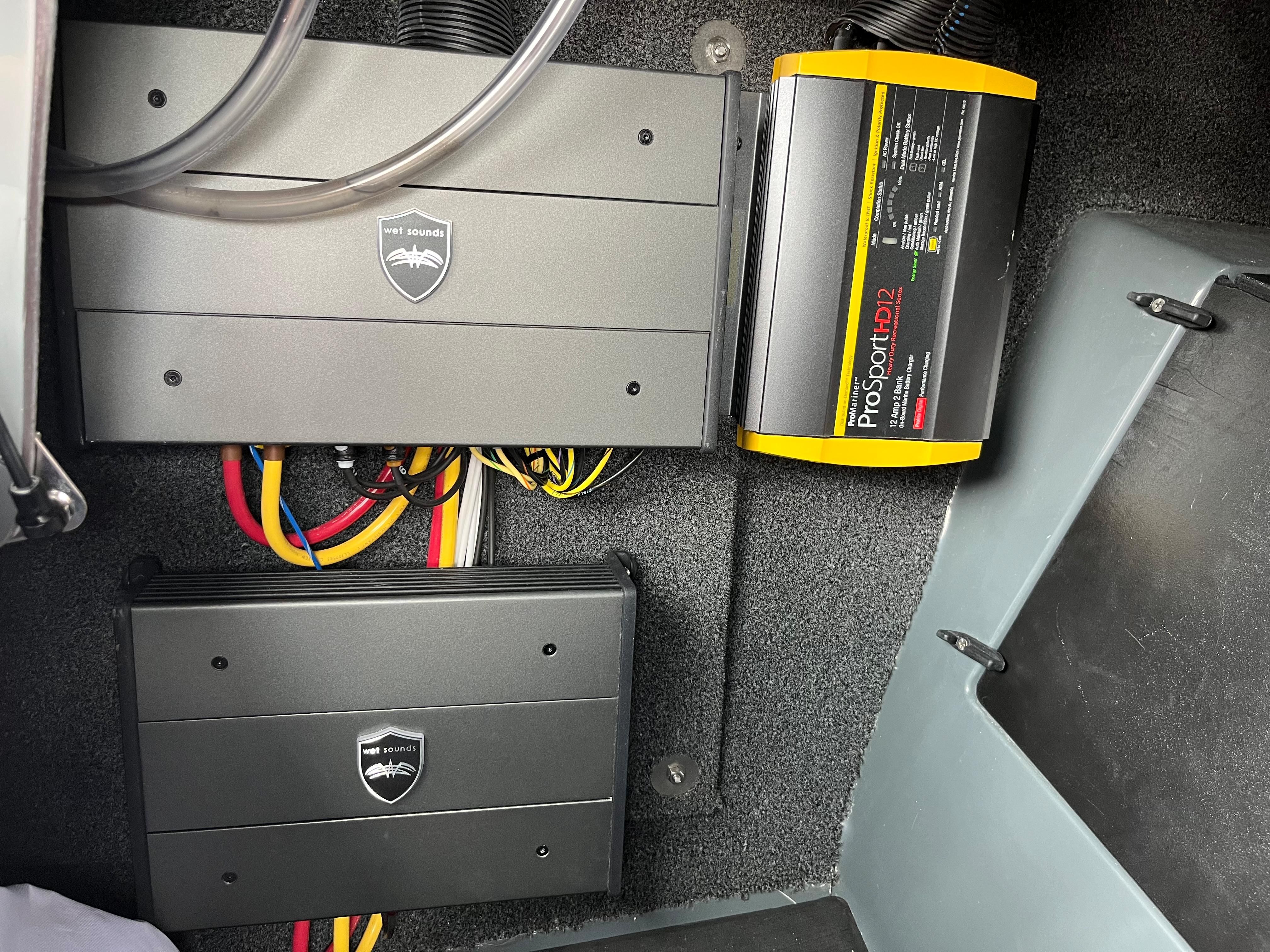 Electronics and wiring inside a 2022 ATX Surf Boats 22 Type-S.