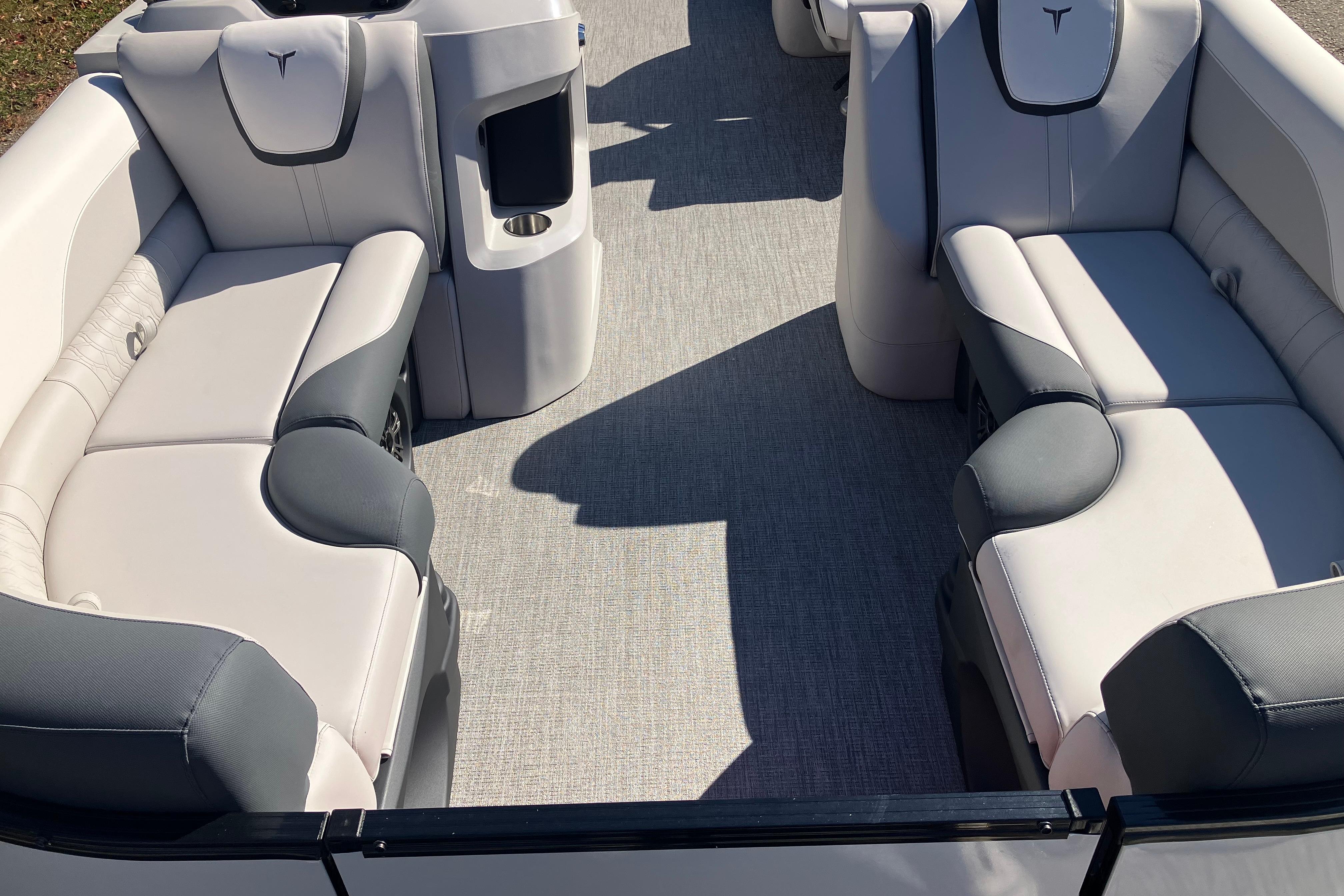 2026 Tahoe Pontoon LTZ Quad Lounger interior with plush seating and modern design.
