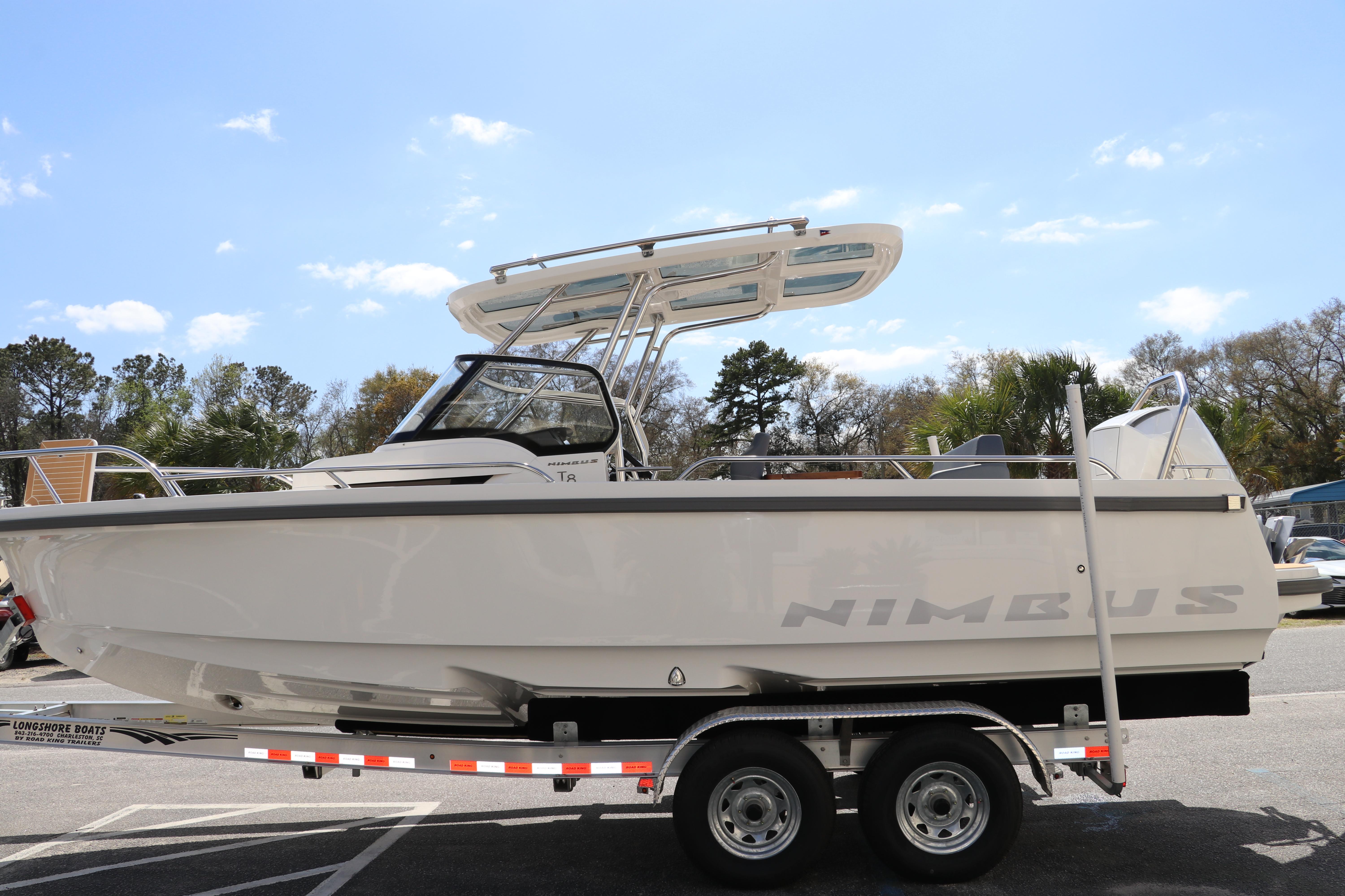 2025 Nimbus Tender 8 boat on trailer under clear blue sky.