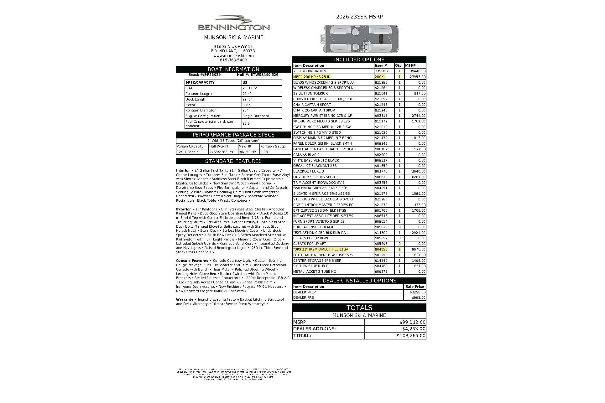 2026 Bennington 23 SSRSF boat specifications and pricing details sheet.