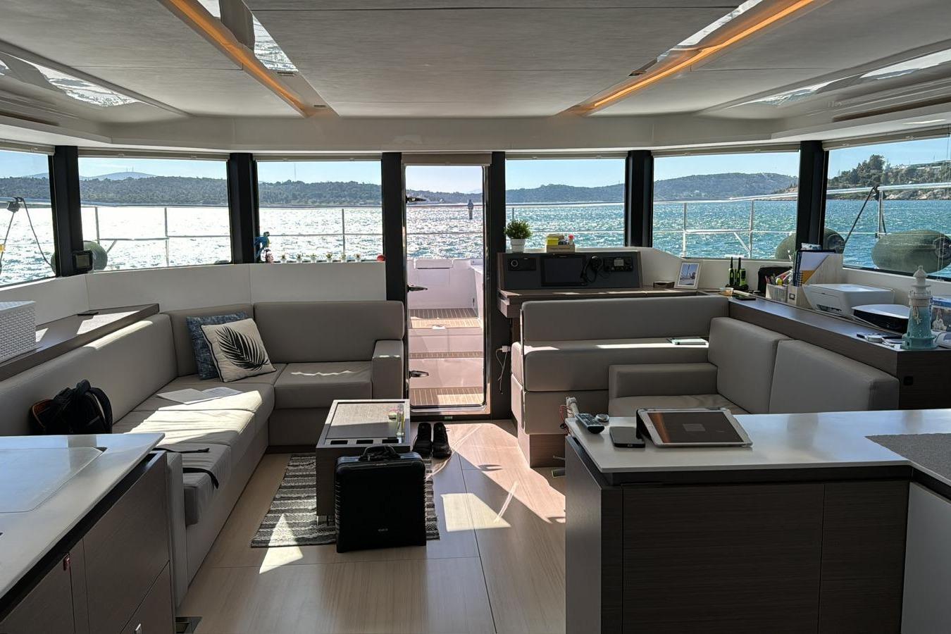 Luxurious interior of 2024 Leopard 53 Powercat yacht with panoramic ocean views.