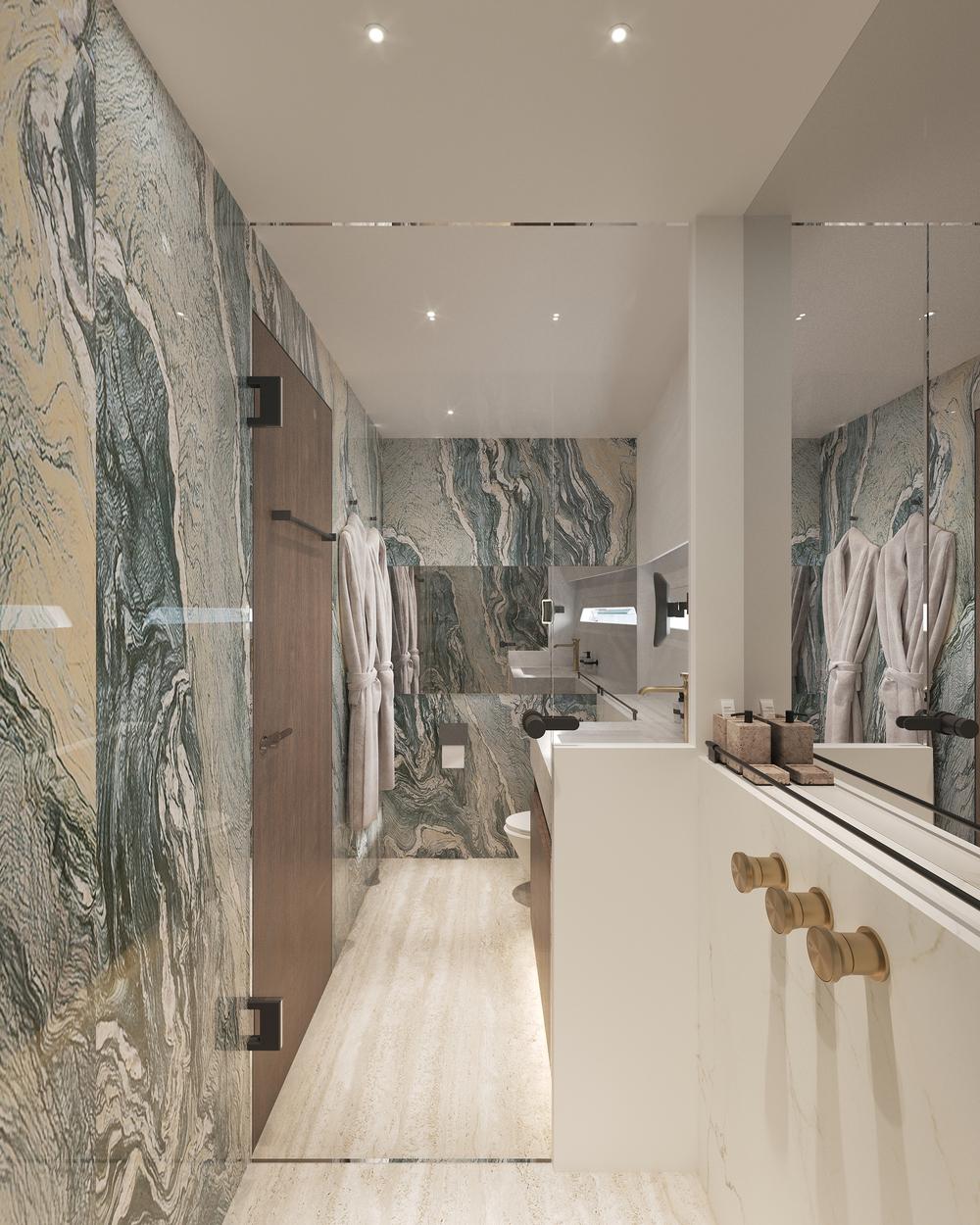 Luxurious bathroom interior in 2026 Latitude 46 Catamaran with marble walls and modern fixtures.