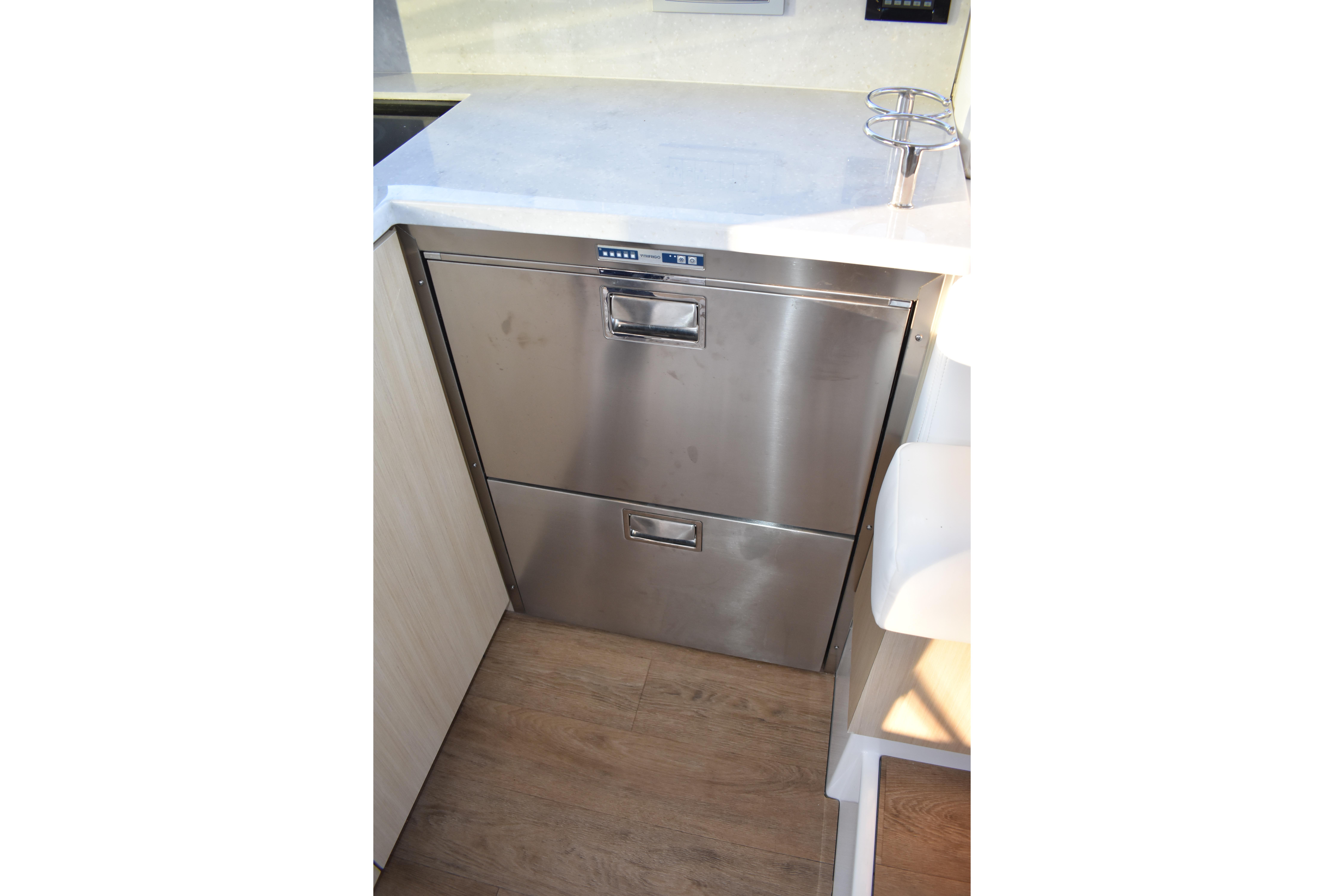 Stainless steel drawers in 2025 Regal 38 FXO yacht kitchen interior.