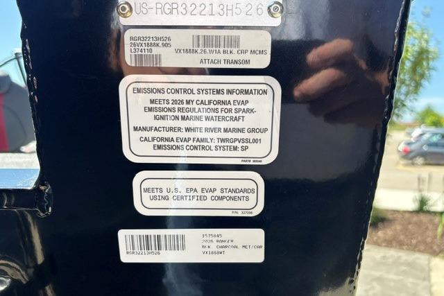 2026 Ranger VX1888 WT emissions control labels on marine watercraft.