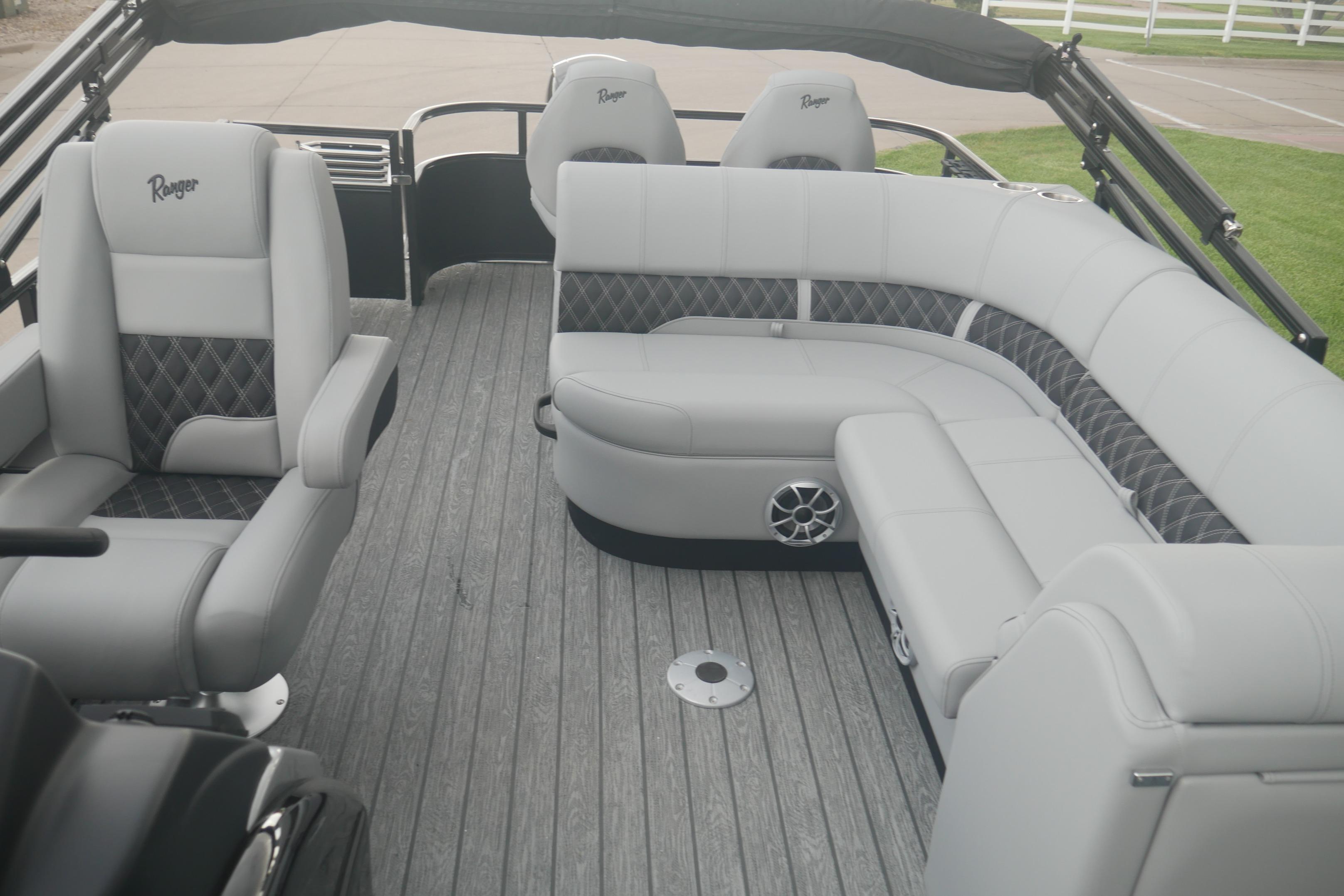 2026 Ranger 220FC boat interior with luxurious gray seating and modern design.