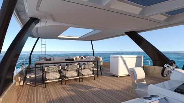 Luxurious Lagoon 83 yacht deck, 2025 model, featuring elegant seating and ocean views.