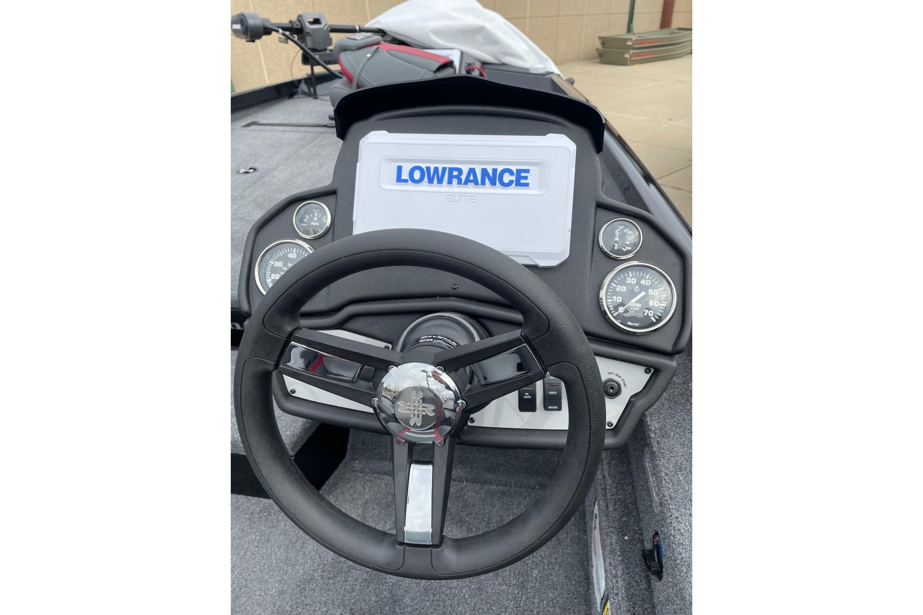 2026 Ranger RT188P boat dashboard with Lowrance Elite display and steering wheel.