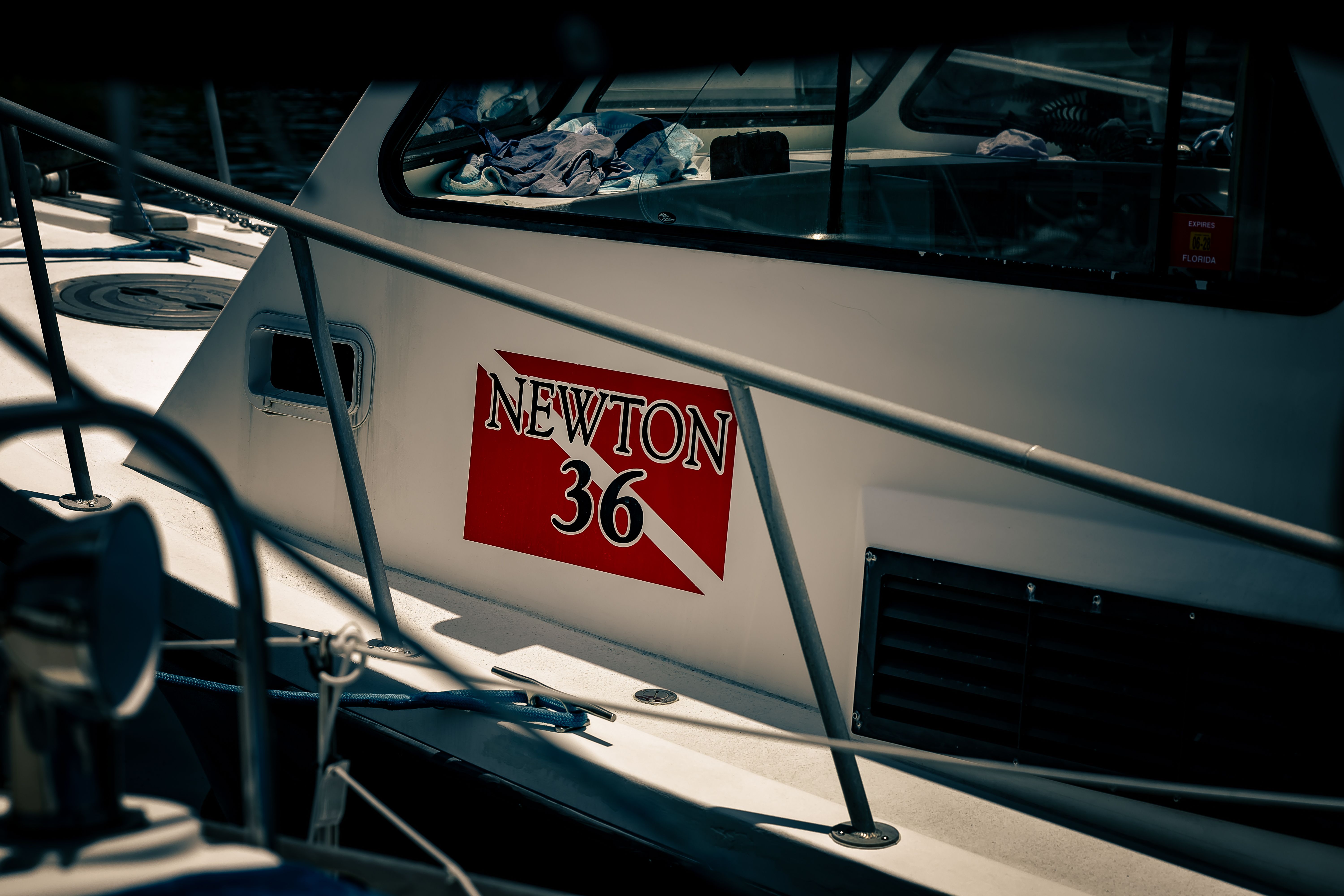 A 2019 Newton 36' dive boat docked at a harbor.