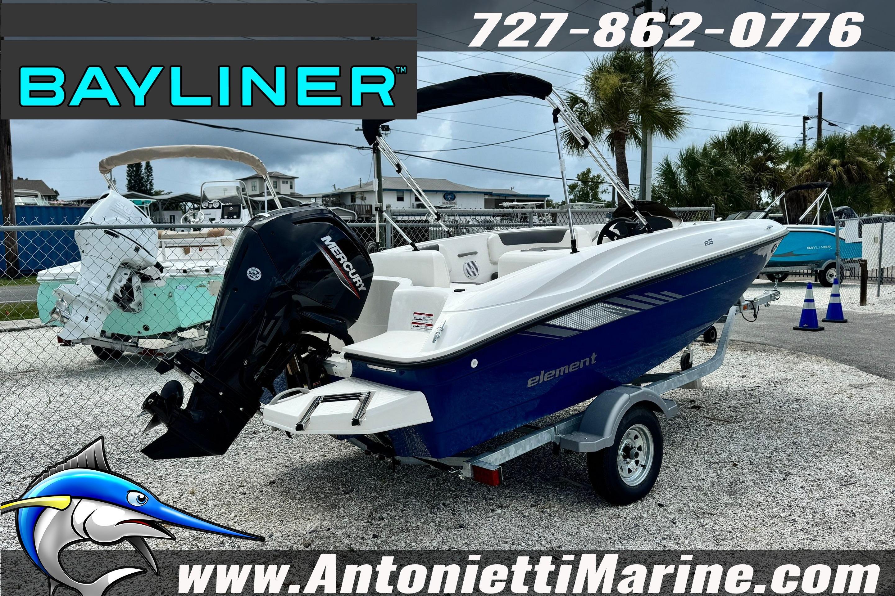 2026 Bayliner Element E16 boat on trailer at Antonietti Marine dealership.