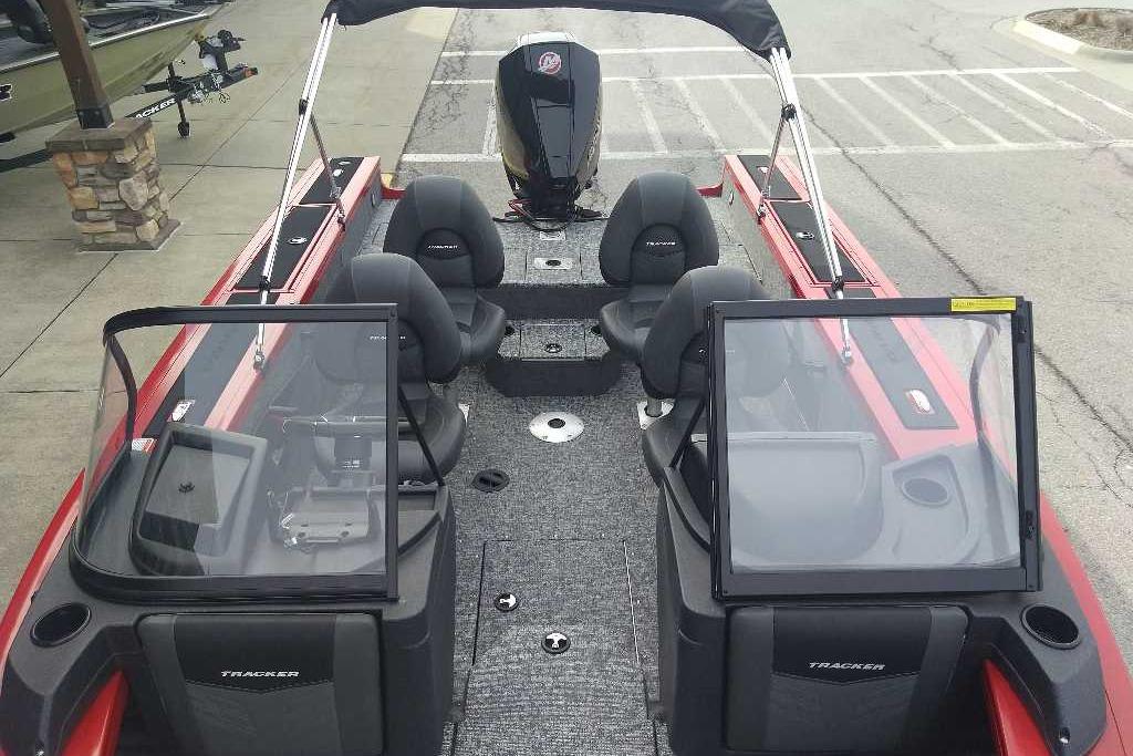 2026 Tracker Targa V-18 WT boat interior with seating and console, viewed from above.