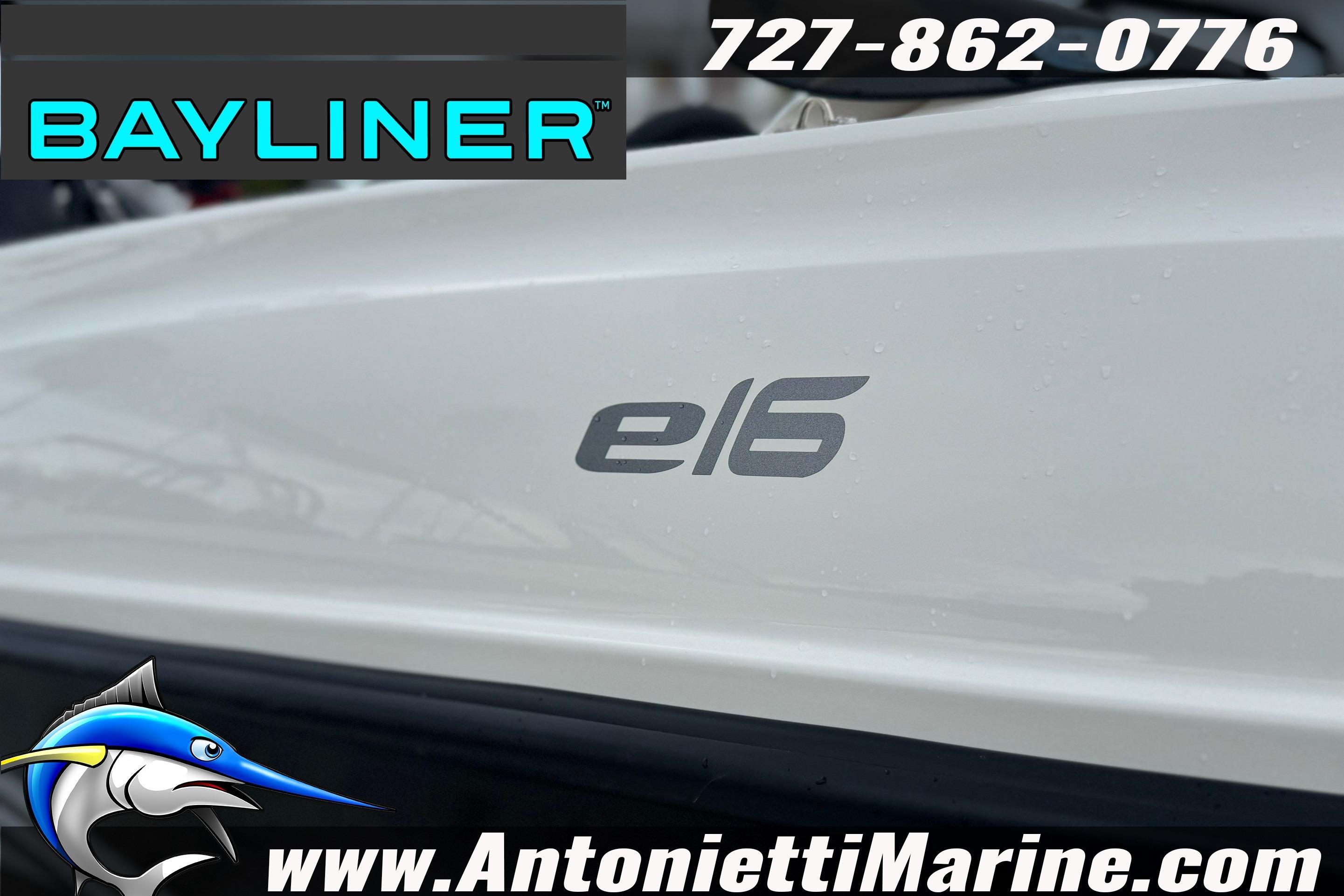 2026 Bayliner Element E16 boat branding with contact and website details.