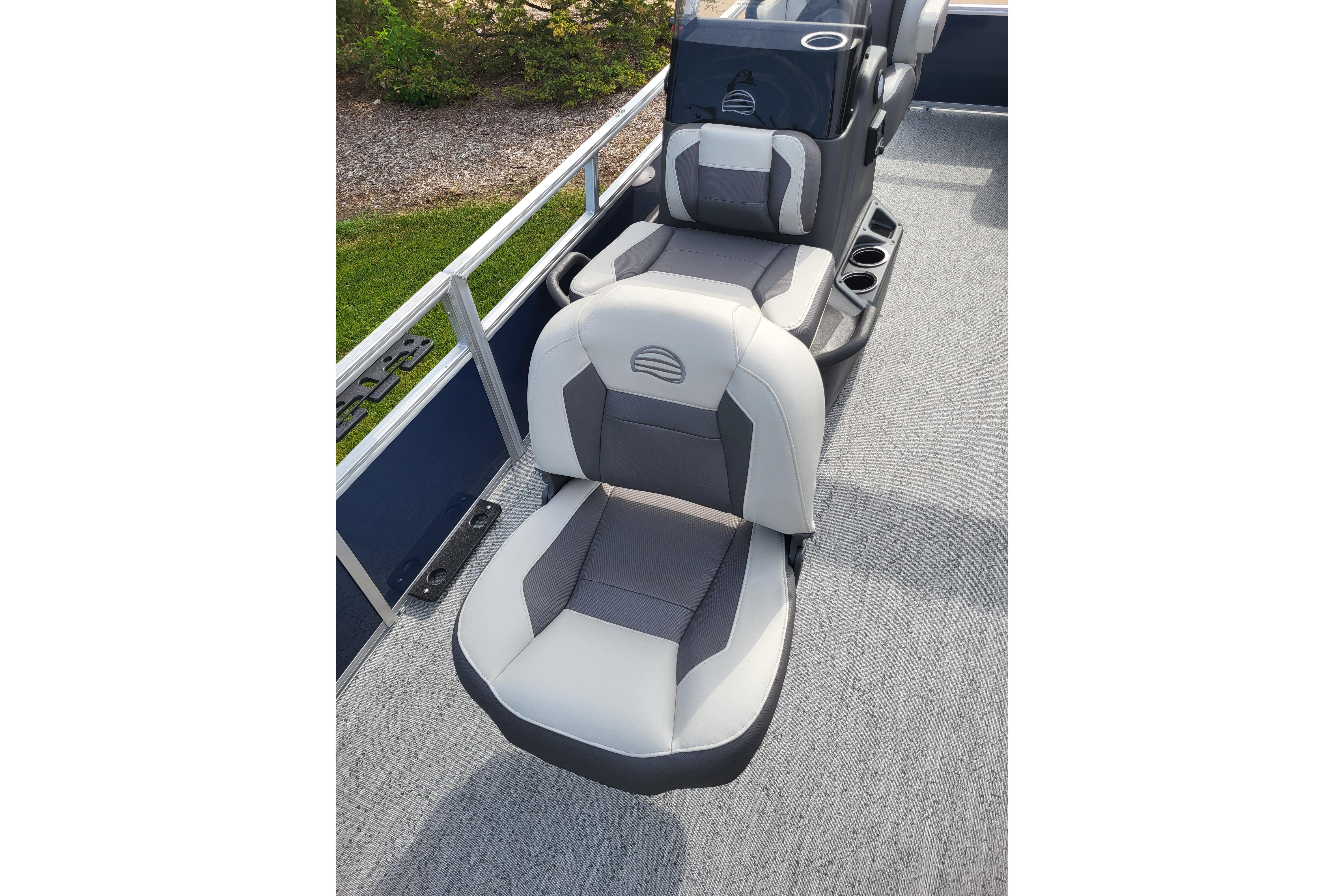 2026 Sun Tracker Bass Buggy 16 XL Select boat seats with gray and white upholstery.