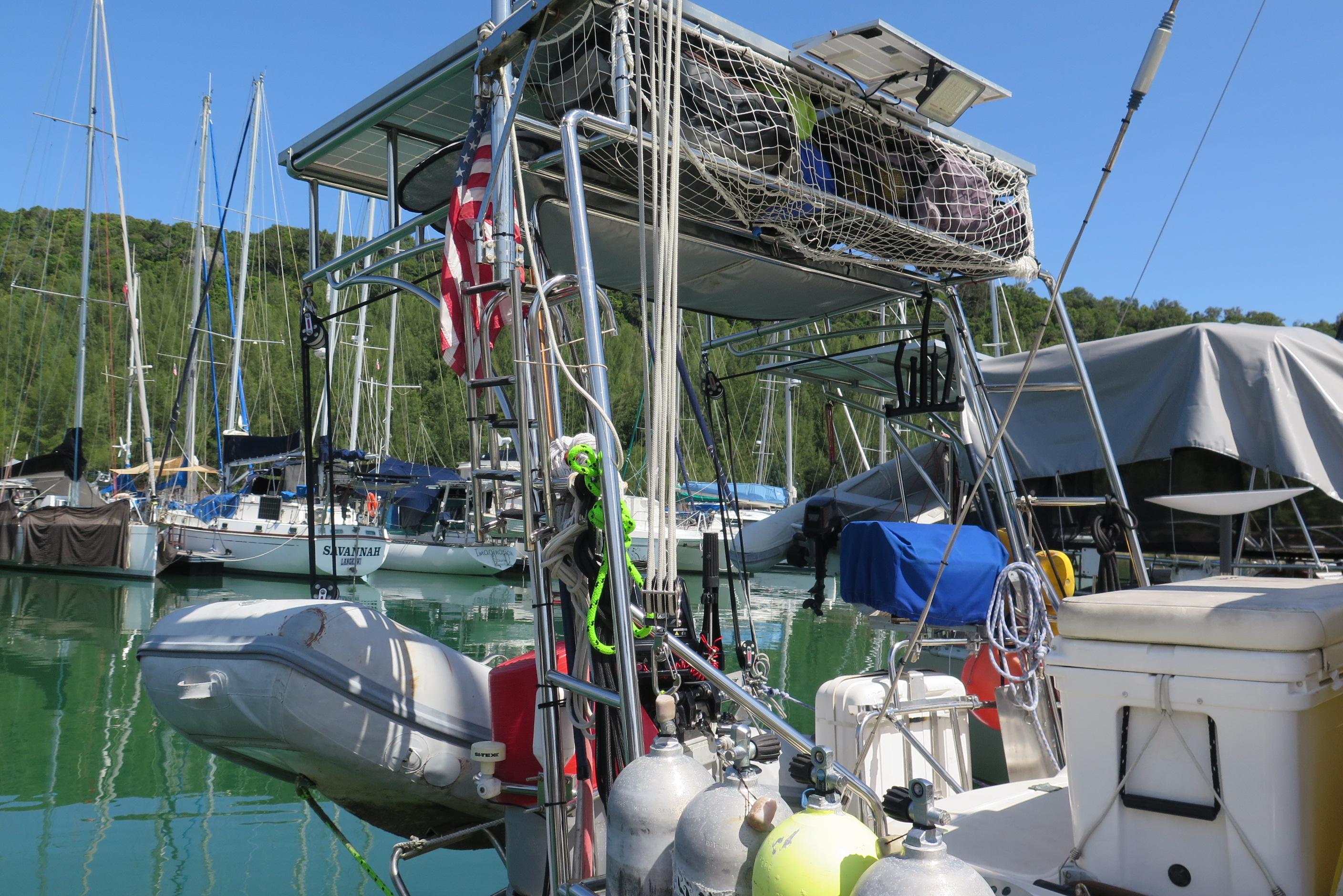 1984 Pearson 385 sailboat docked with equipment.