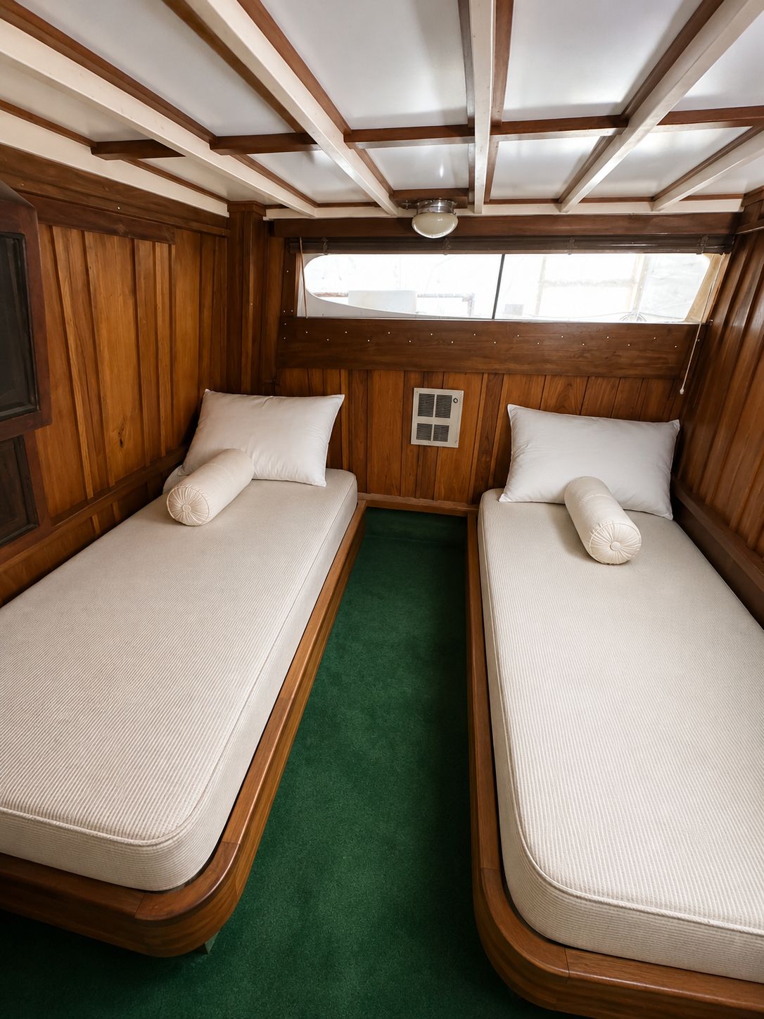 Interior of 1951 Chris-Craft 50 Catalina yacht with two beds.
