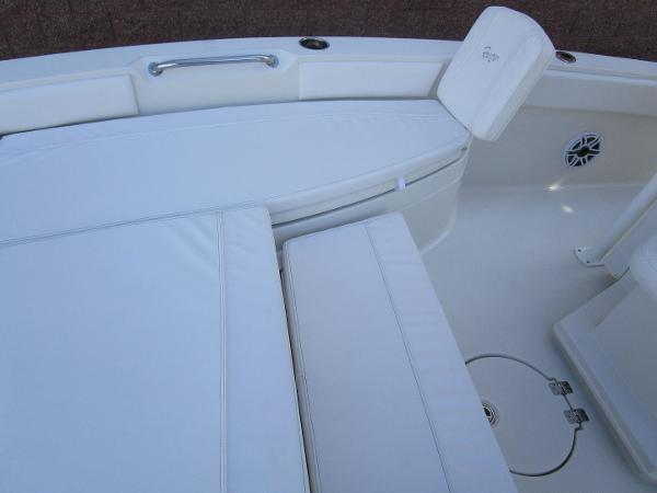 2024 Ranger 2660 Bay boat interior with white cushioned seating.
