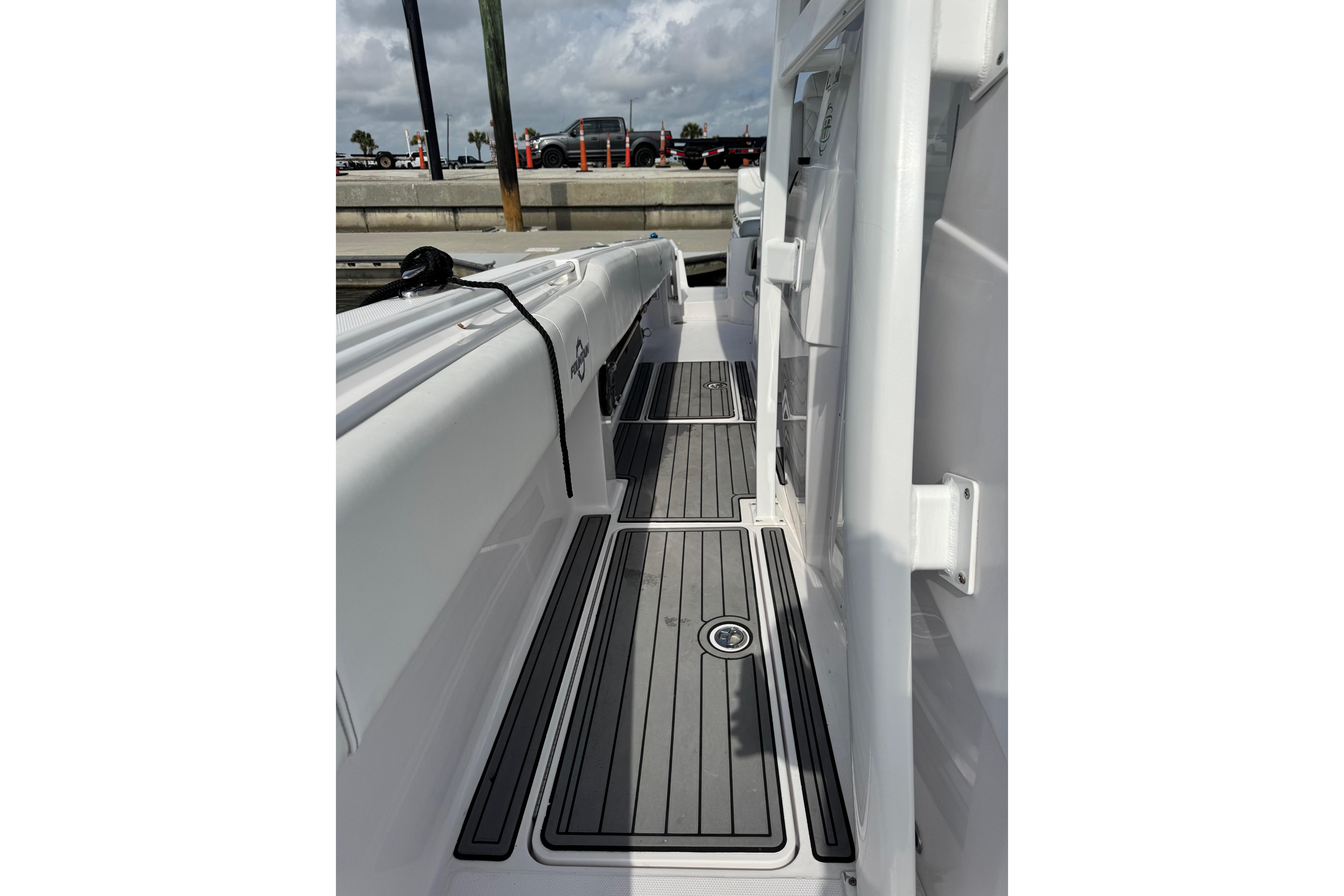 2018 Fountain 34 Center Console boat deck with sleek design and modern features.