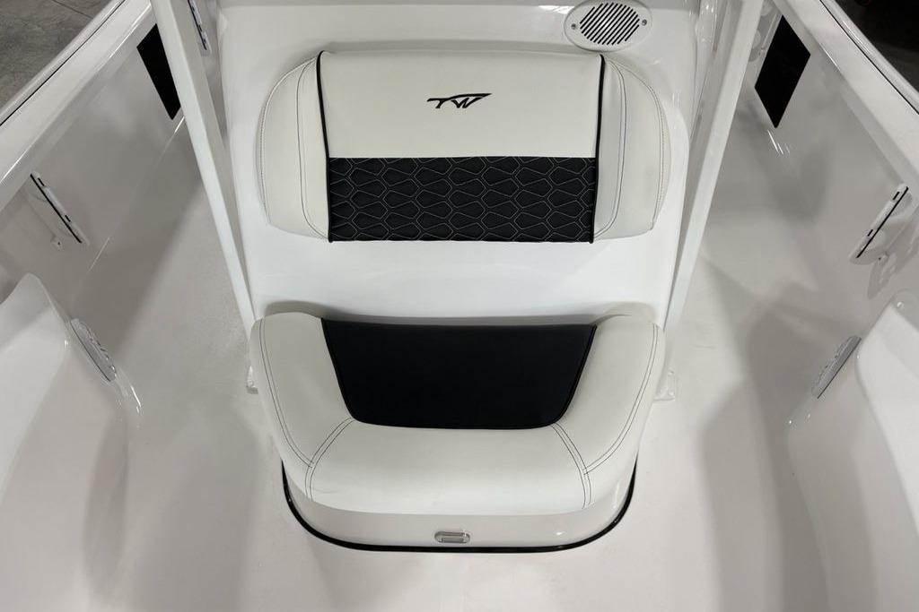 2026 Tidewater 2210 Carolina Bay boat seat with black and white upholstery.