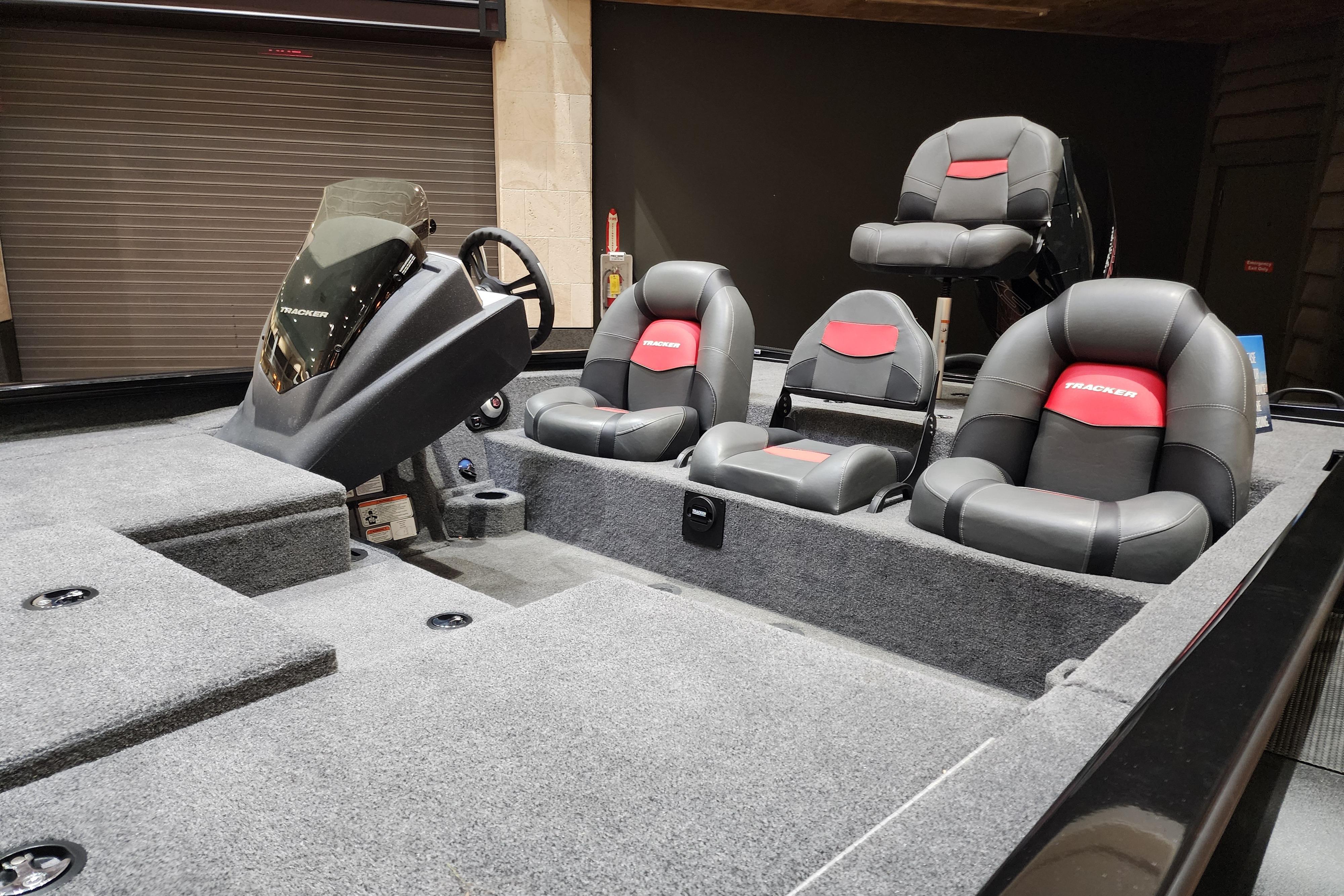 2025 Tracker Savage 215 boat interior with sleek seating and modern dashboard design.