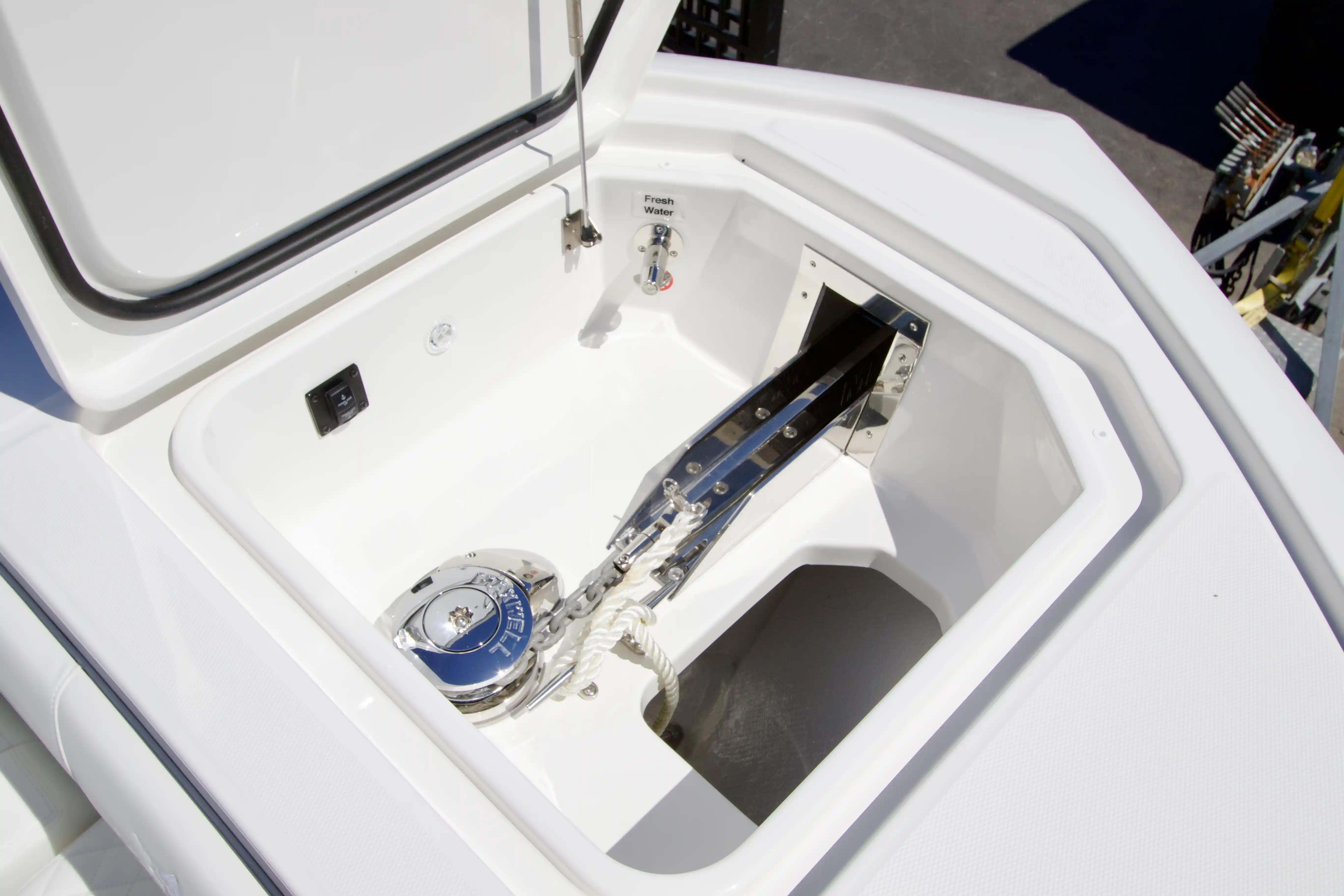 Anchor compartment of 2027 Regulator 35 boat, featuring a modern winch system.