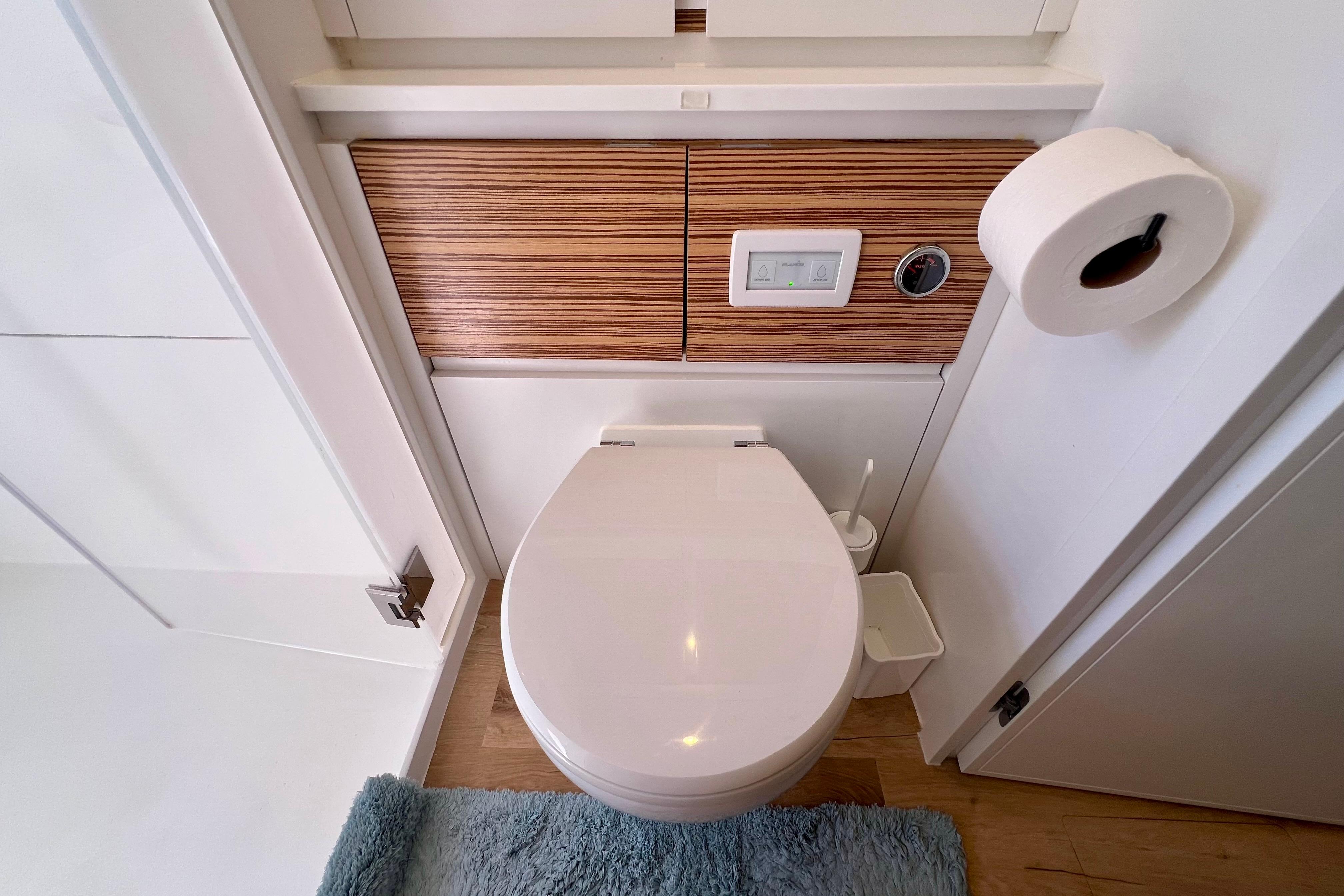 Modern bathroom with Balance 482 toilet, wooden paneling, and blue rug, 2021 model.