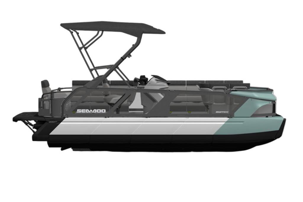 2026 Sea-Doo Switch Cruise 21 pontoon boat with canopy, side view.