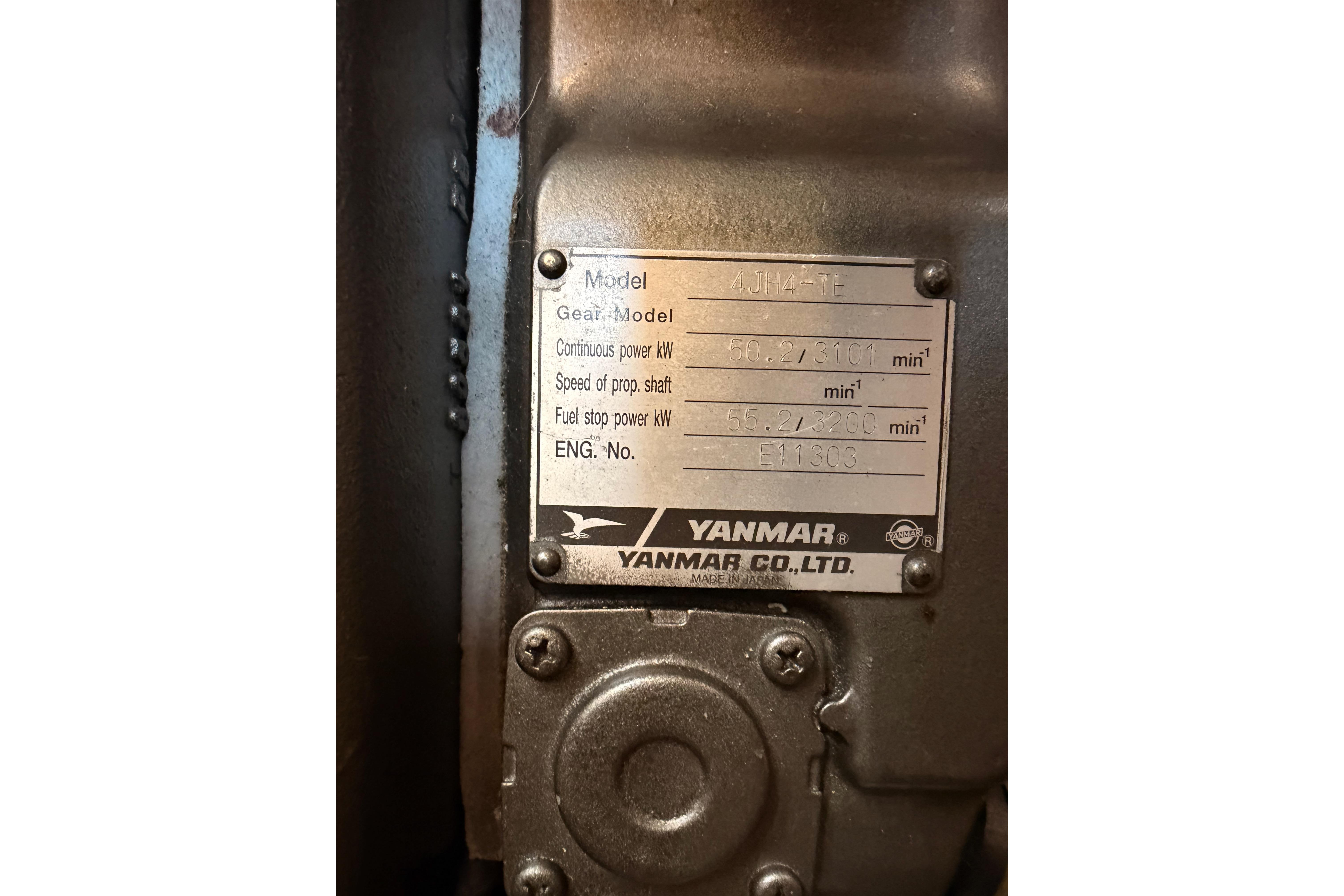 Yanmar engine plate on 2008 Hunter 45 Deck Salon, model 4JH4-TE, specifications visible.