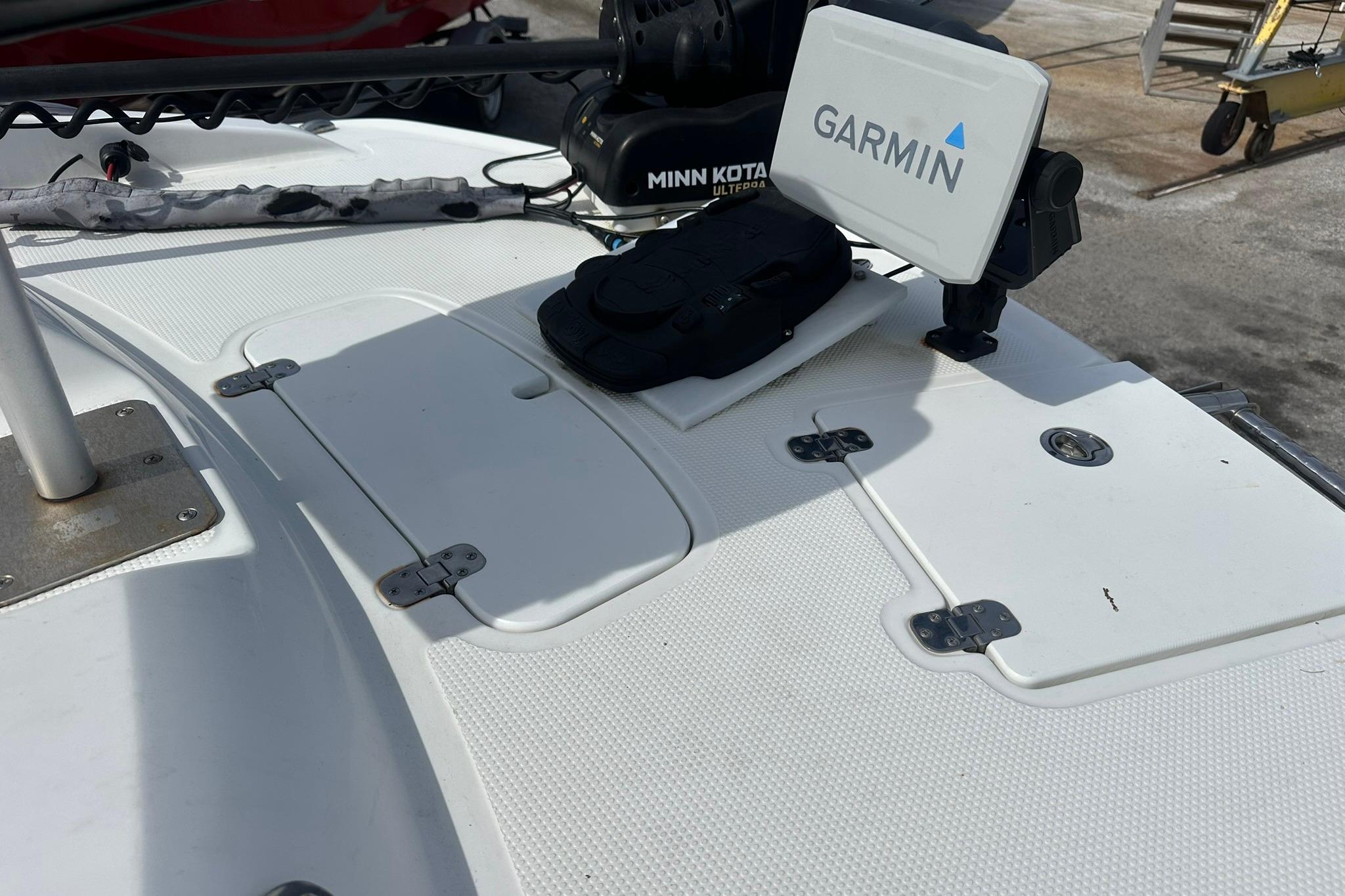2021 Tahoe 2150 boat deck with Garmin and Minn Kota equipment.