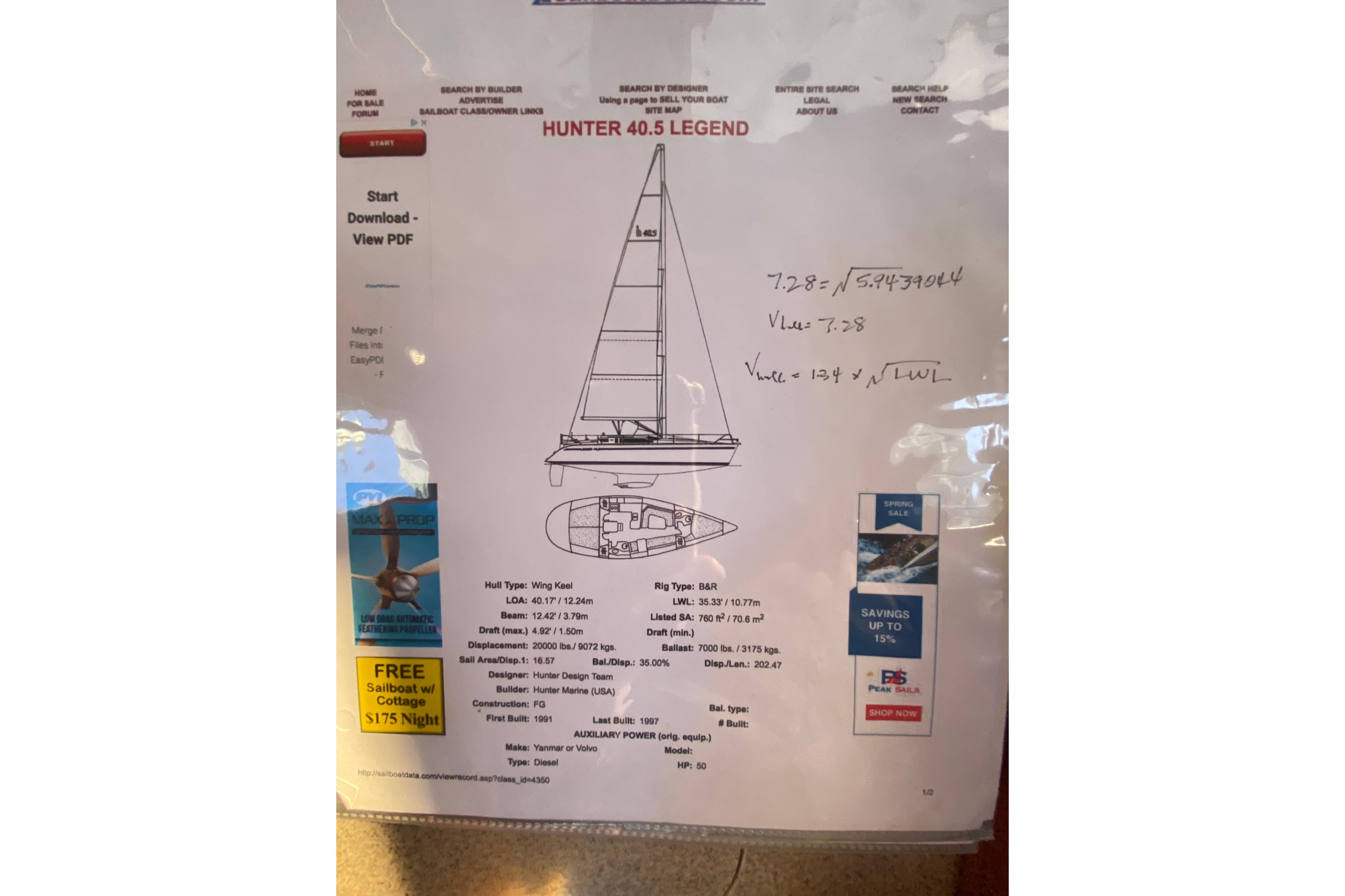 Sailboat specifications sheet for 1997 Hunter Legend 40.5, featuring design and technical details.
