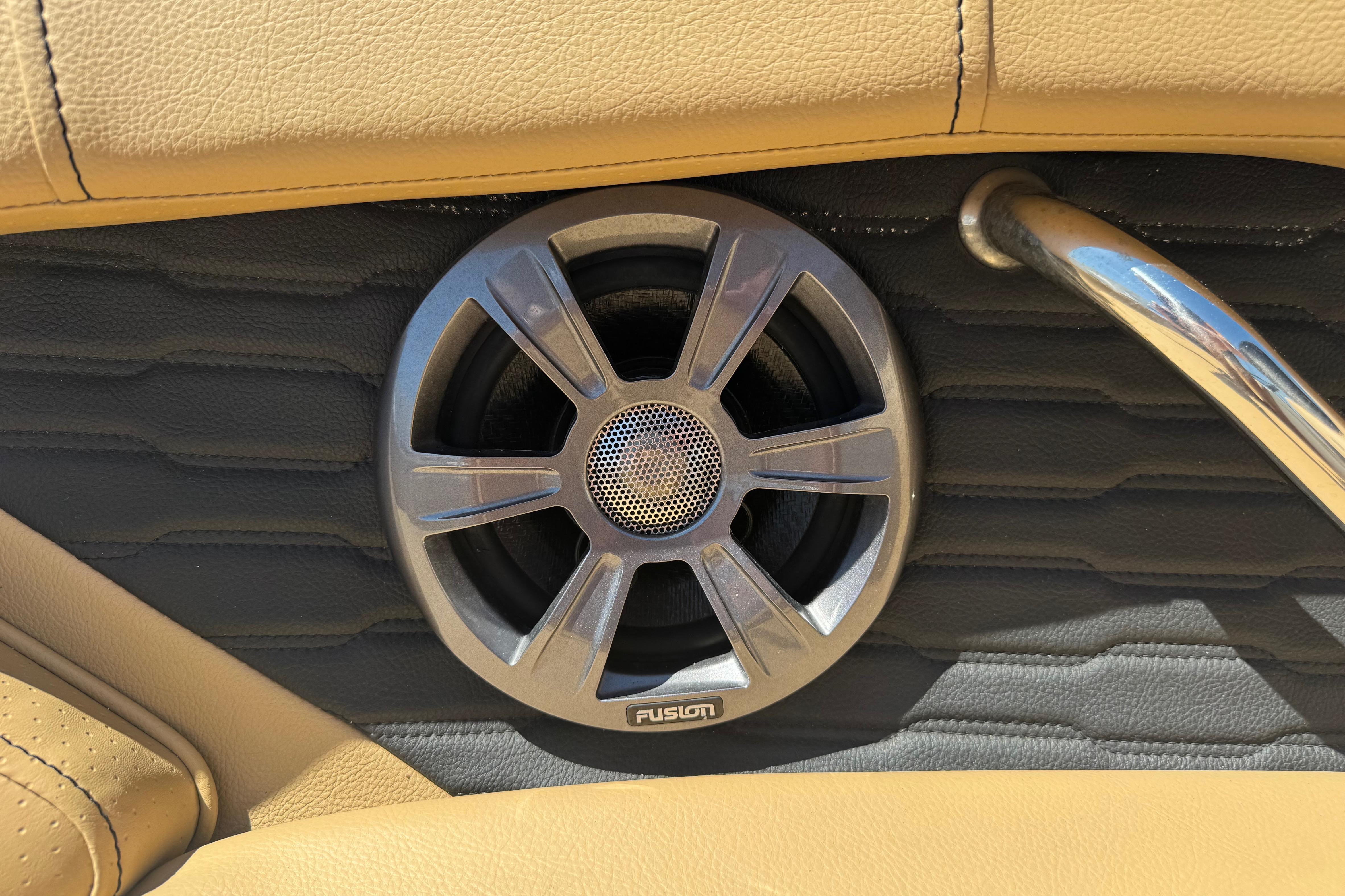 Speaker detail on 2021 Sea Ray SPX 190 boat interior, featuring Fusion audio system.