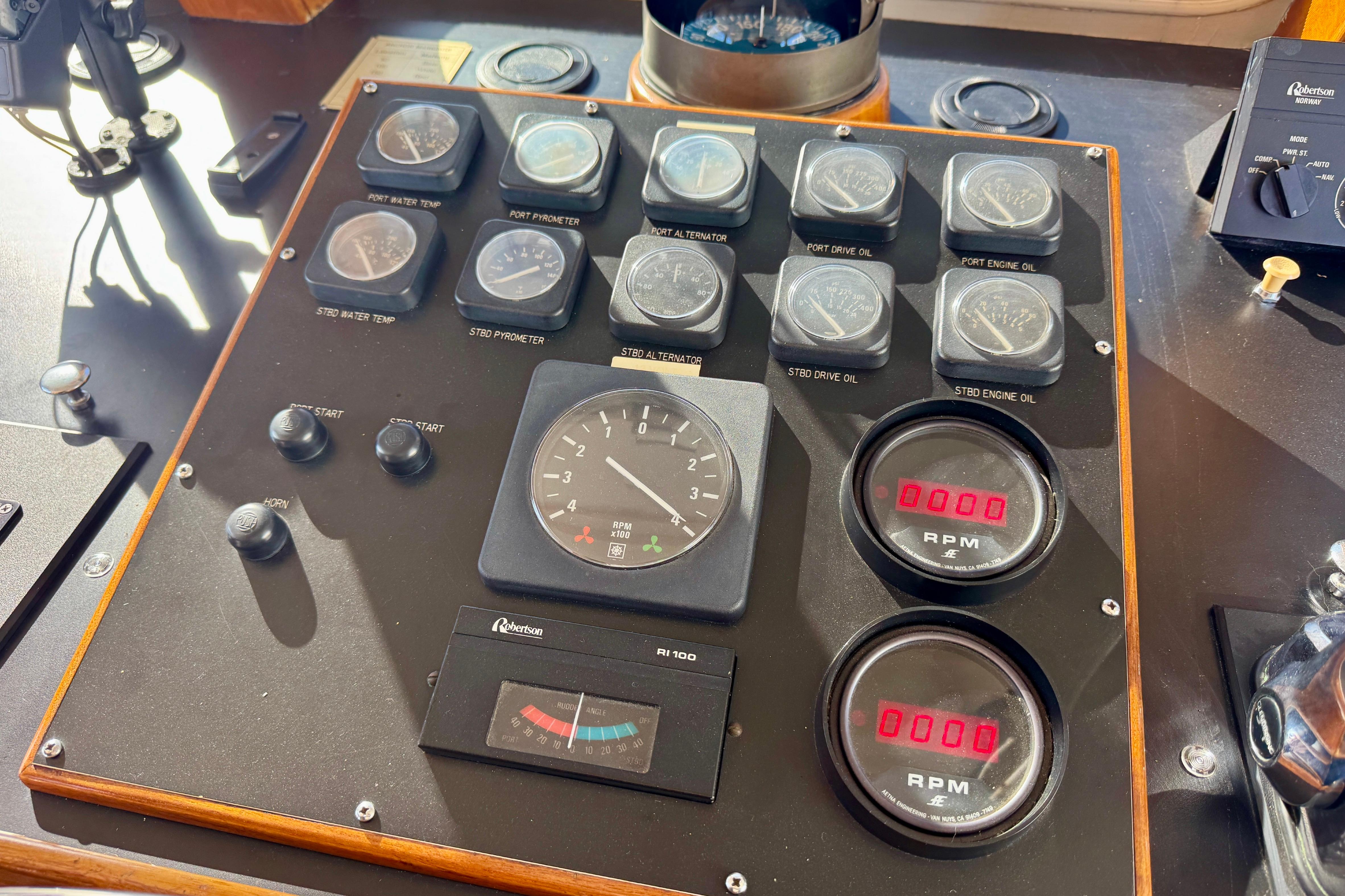 1958 Blanchard Pilothouse control panel with gauges and RPM meters.