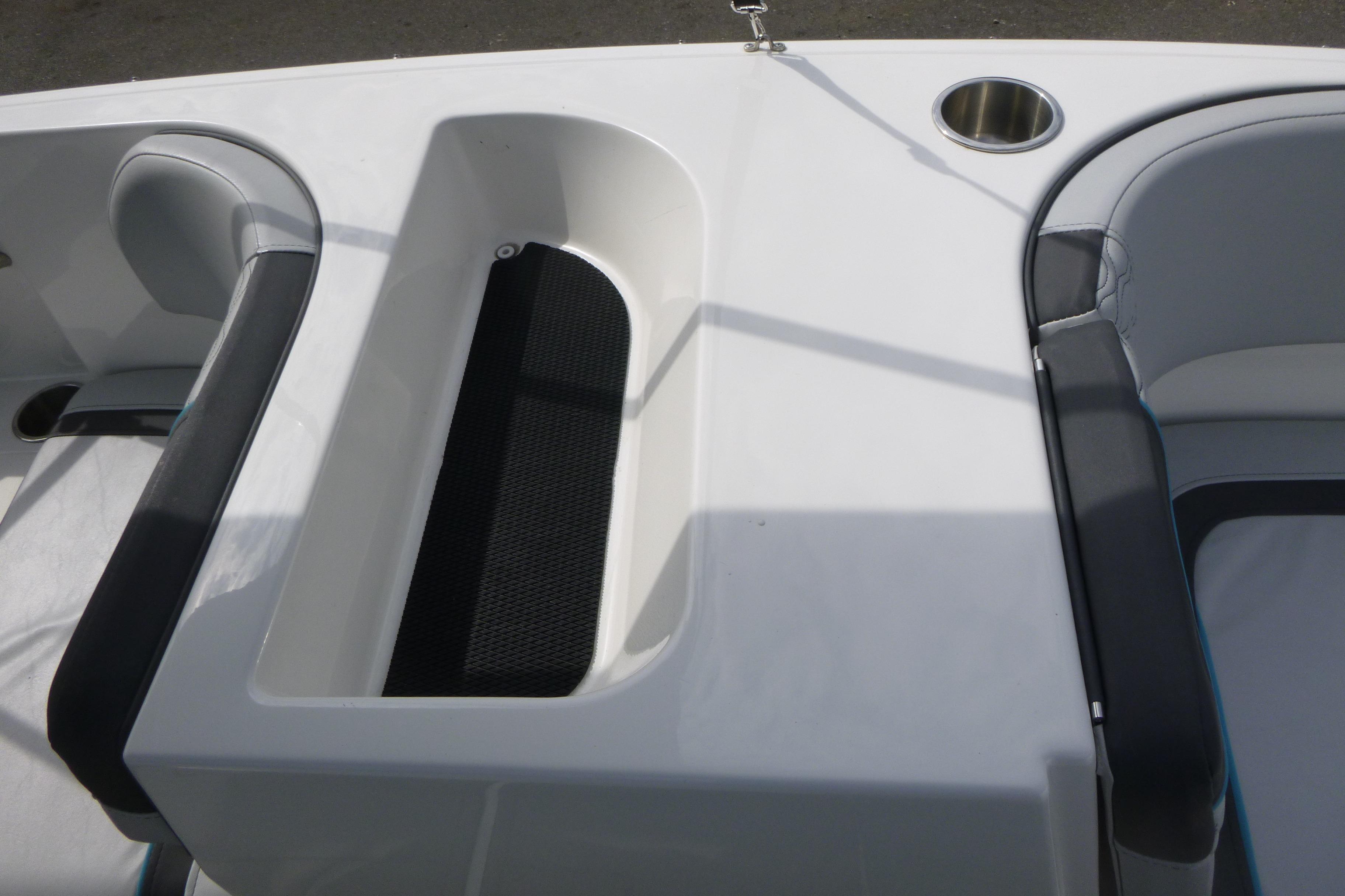 2022 Bayliner Element M17 boat interior seating and storage area.