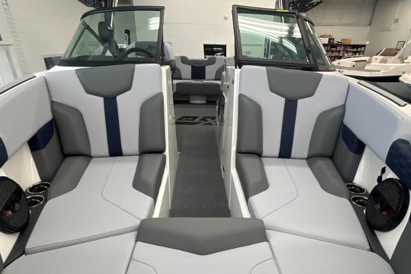 2025 MasterCraft XT22 boat interior with modern seating and sleek design.