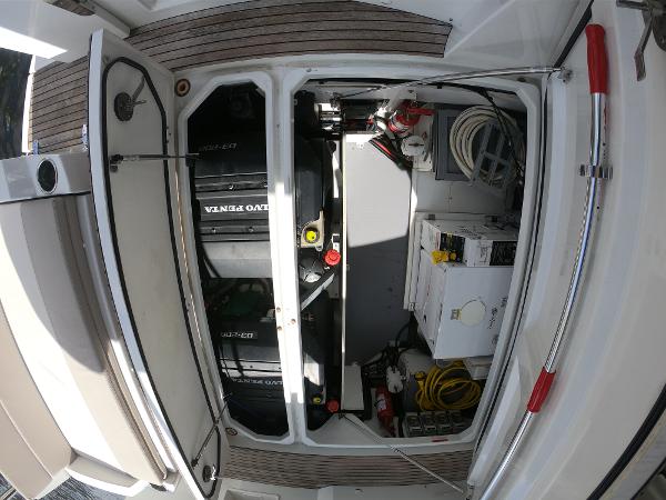 Engine compartment of a 2017 Jeanneau NC 11 boat with Volvo Penta engines.