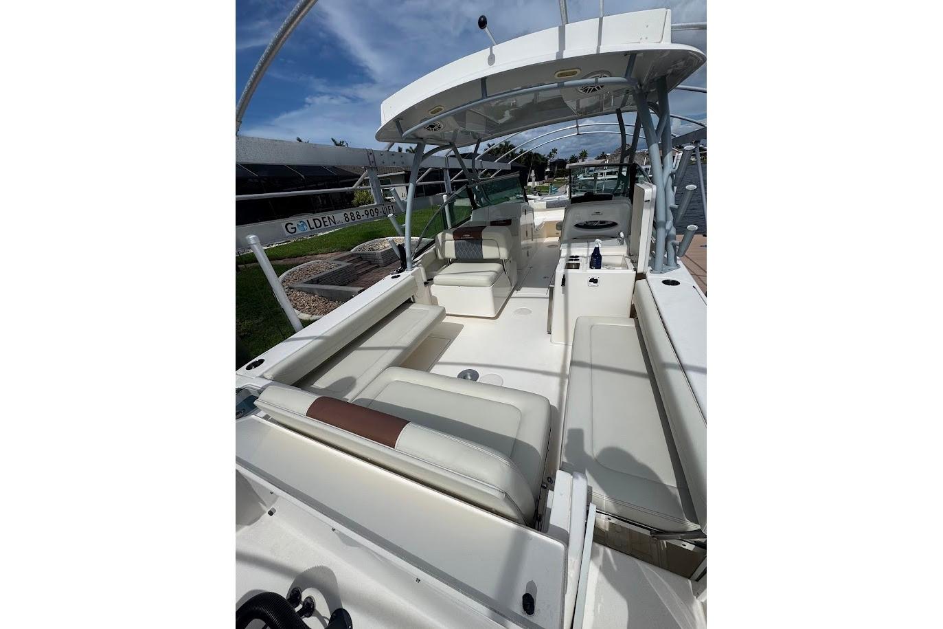 2020 Cobia 280 Dual Console boat interior with spacious seating and modern design.