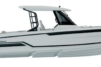 2026 Wellcraft 28 T-Top boat, modern design, side view.
