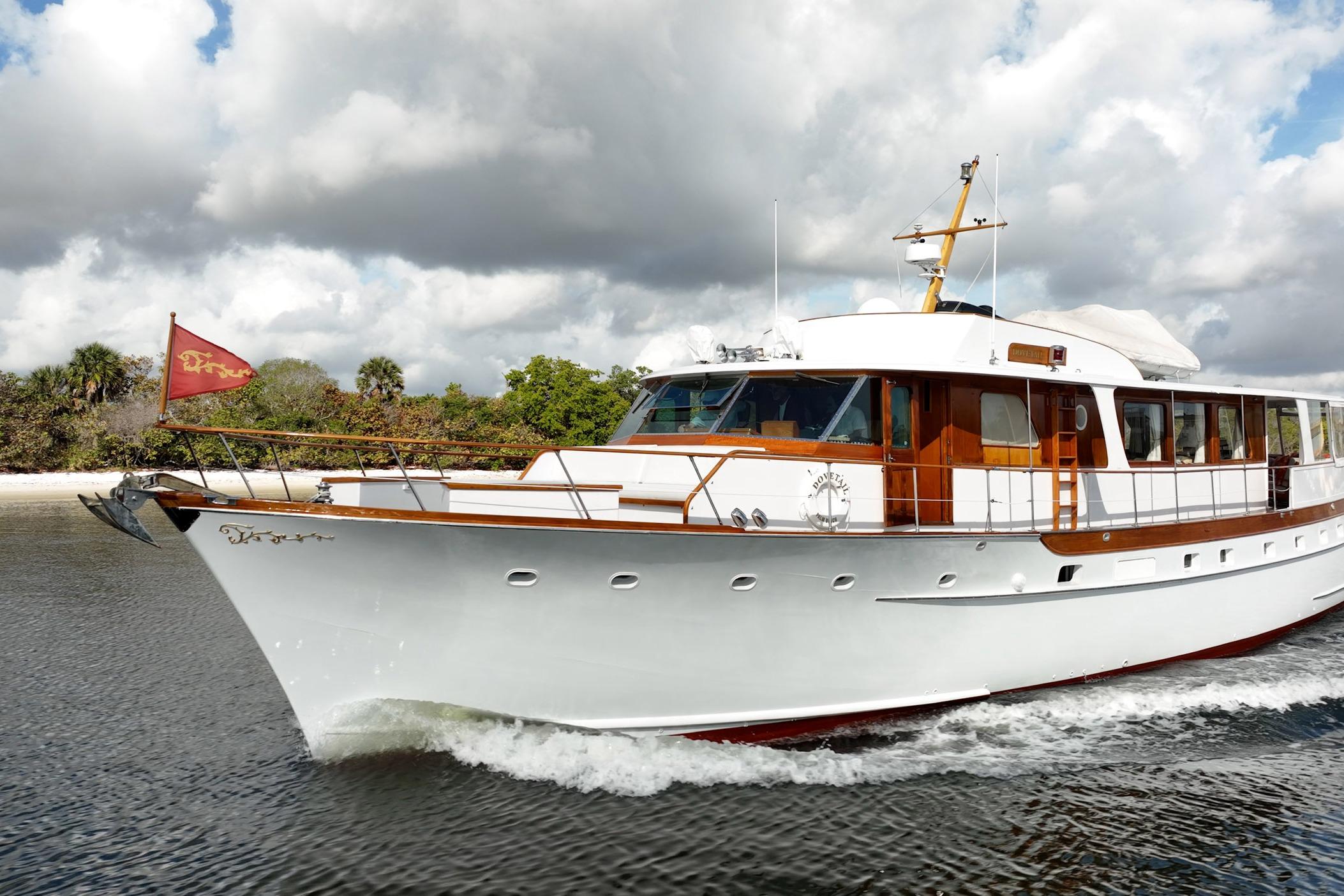 1972 Trumpy 72 Motor Yacht cruising on water under cloudy skies.