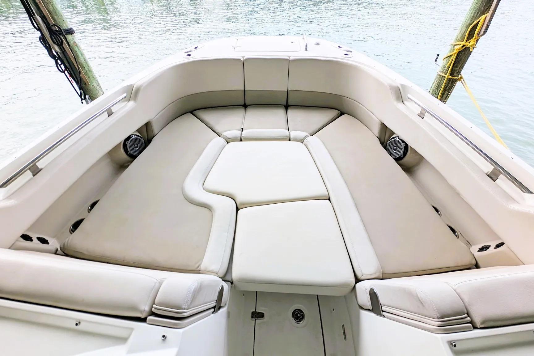 Luxurious seating area on a 2017 Boston Whaler 320 Vantage boat.