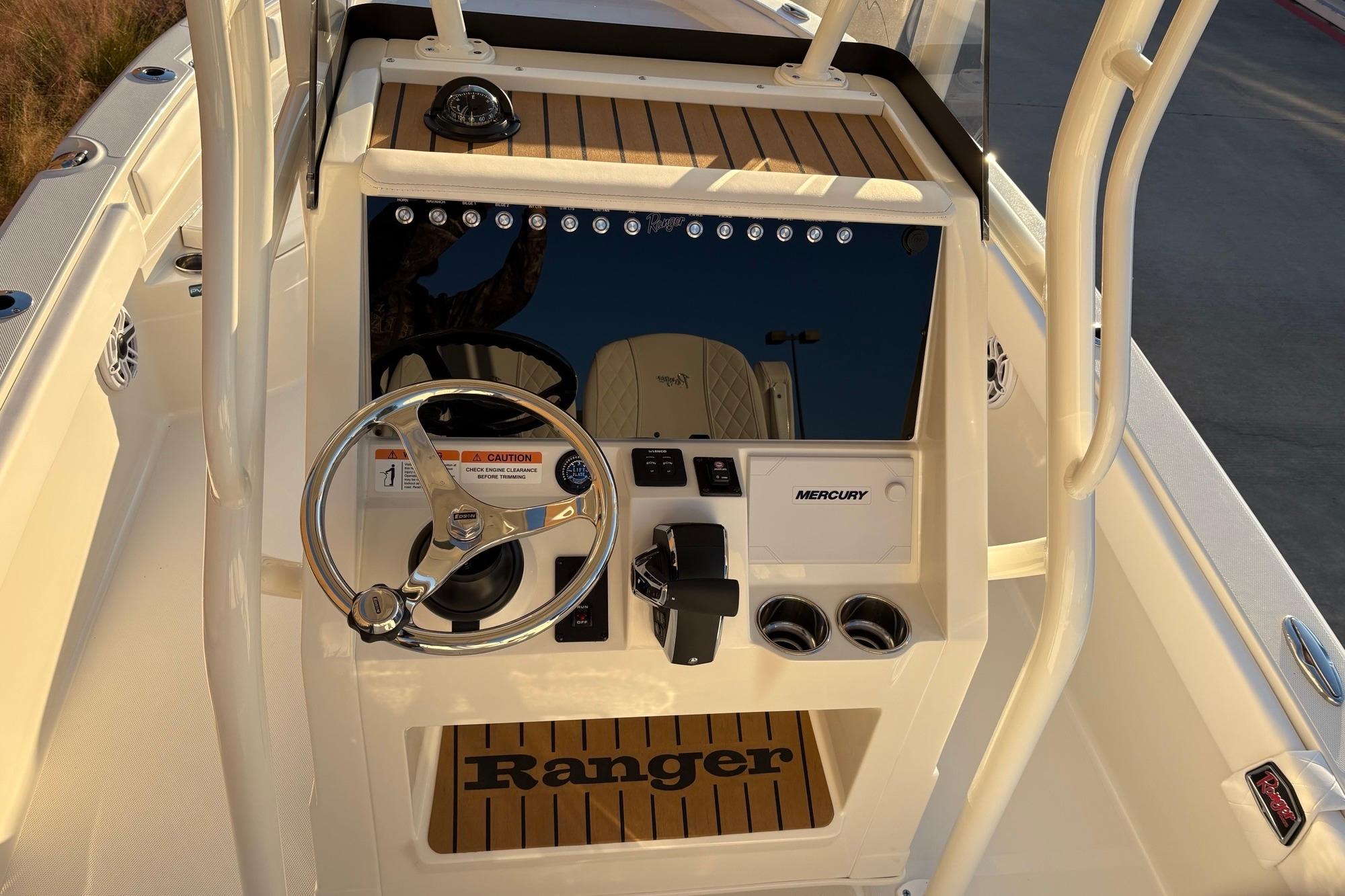 2026 Ranger 2660 Bay boat console with steering wheel and Mercury controls.