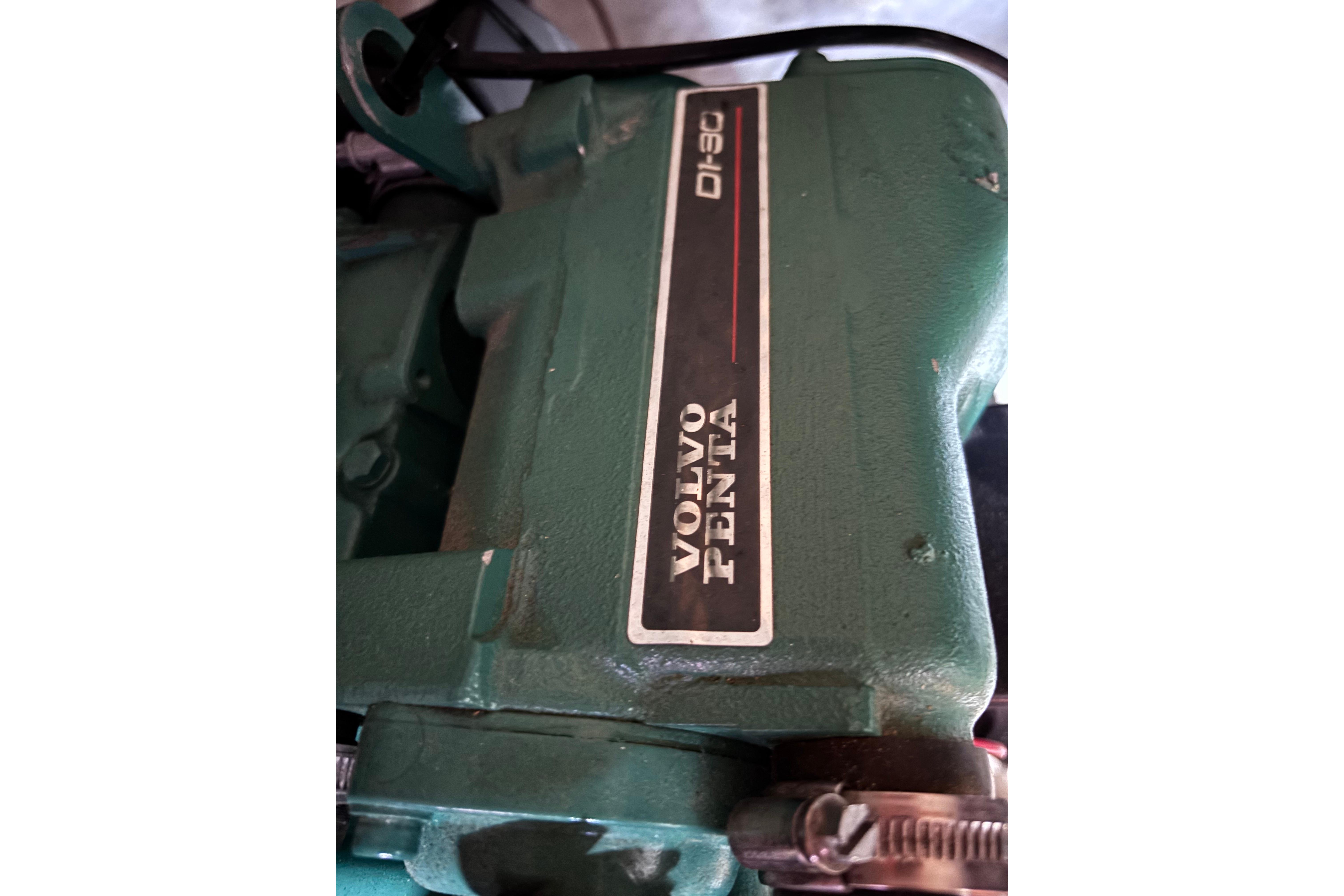 Green Volvo Penta engine part, model D1-30, in a 1978 Swift 33.