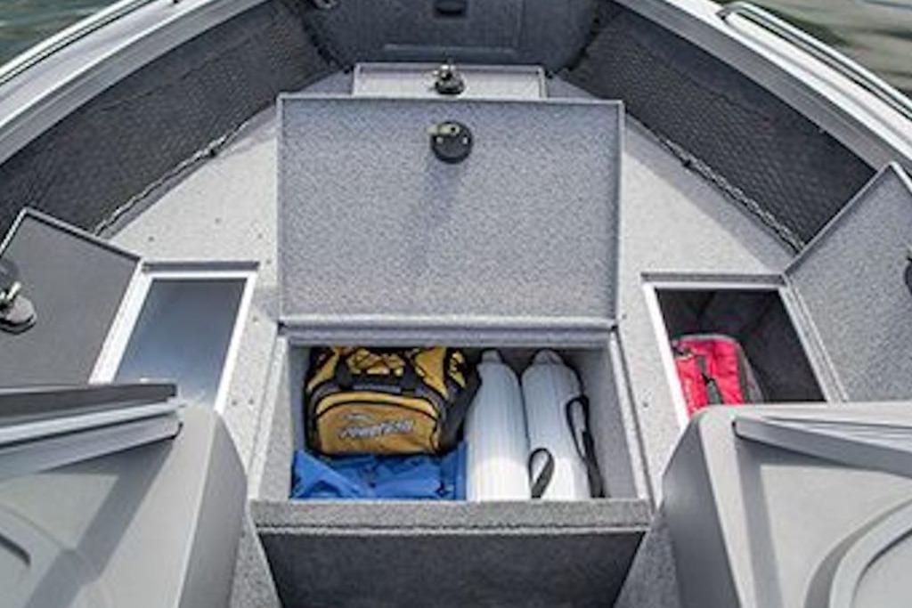 Storage compartments in 2026 Crestliner 2050 Authority boat, featuring organized gear and equipment.