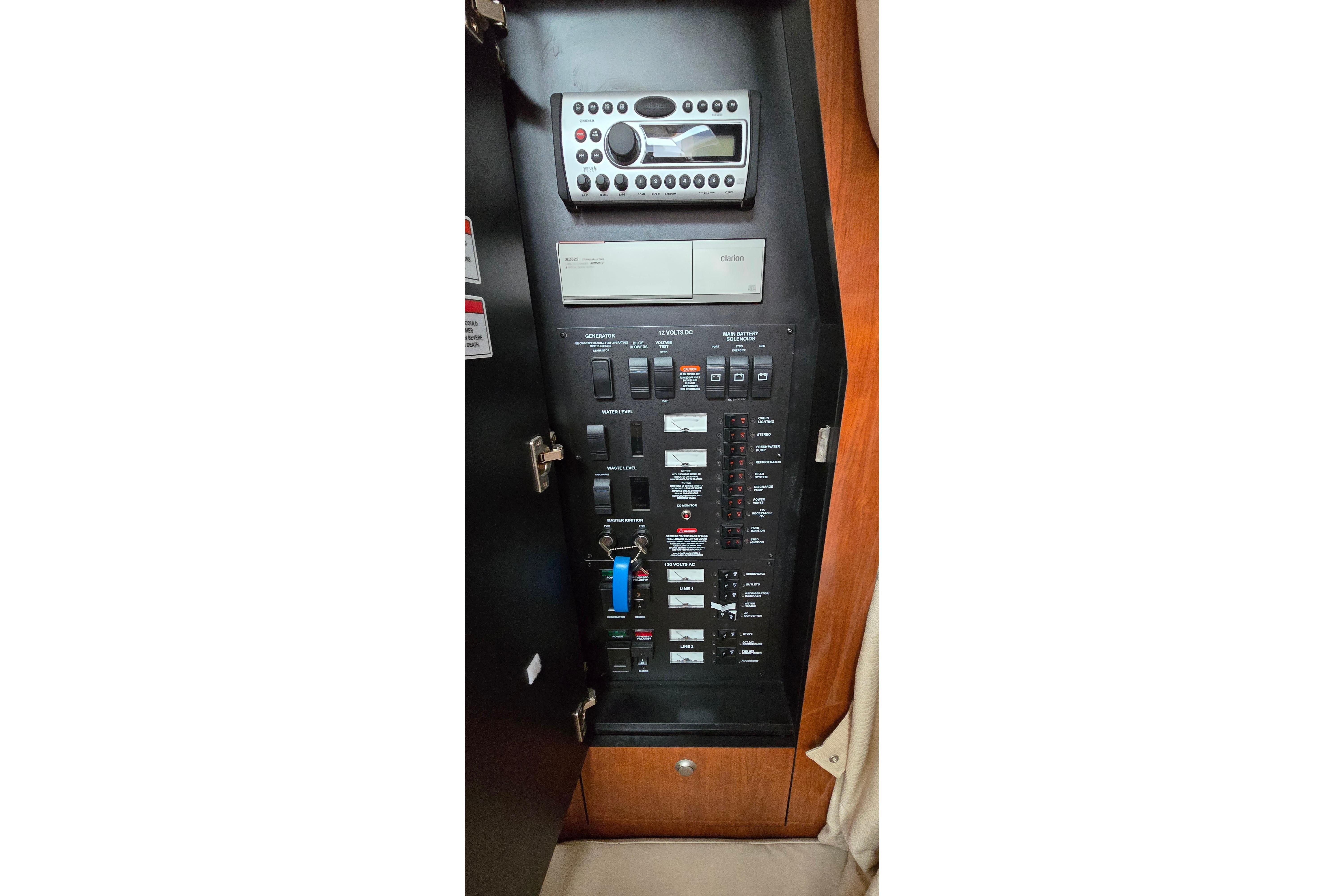 Electrical control panel of 2007 Sea Ray 340 Sundancer boat interior.