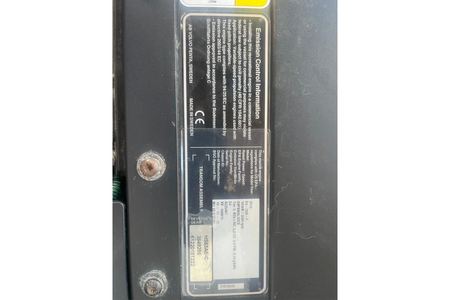 Emission control label on a 2013 Cutwater C-28 boat engine.