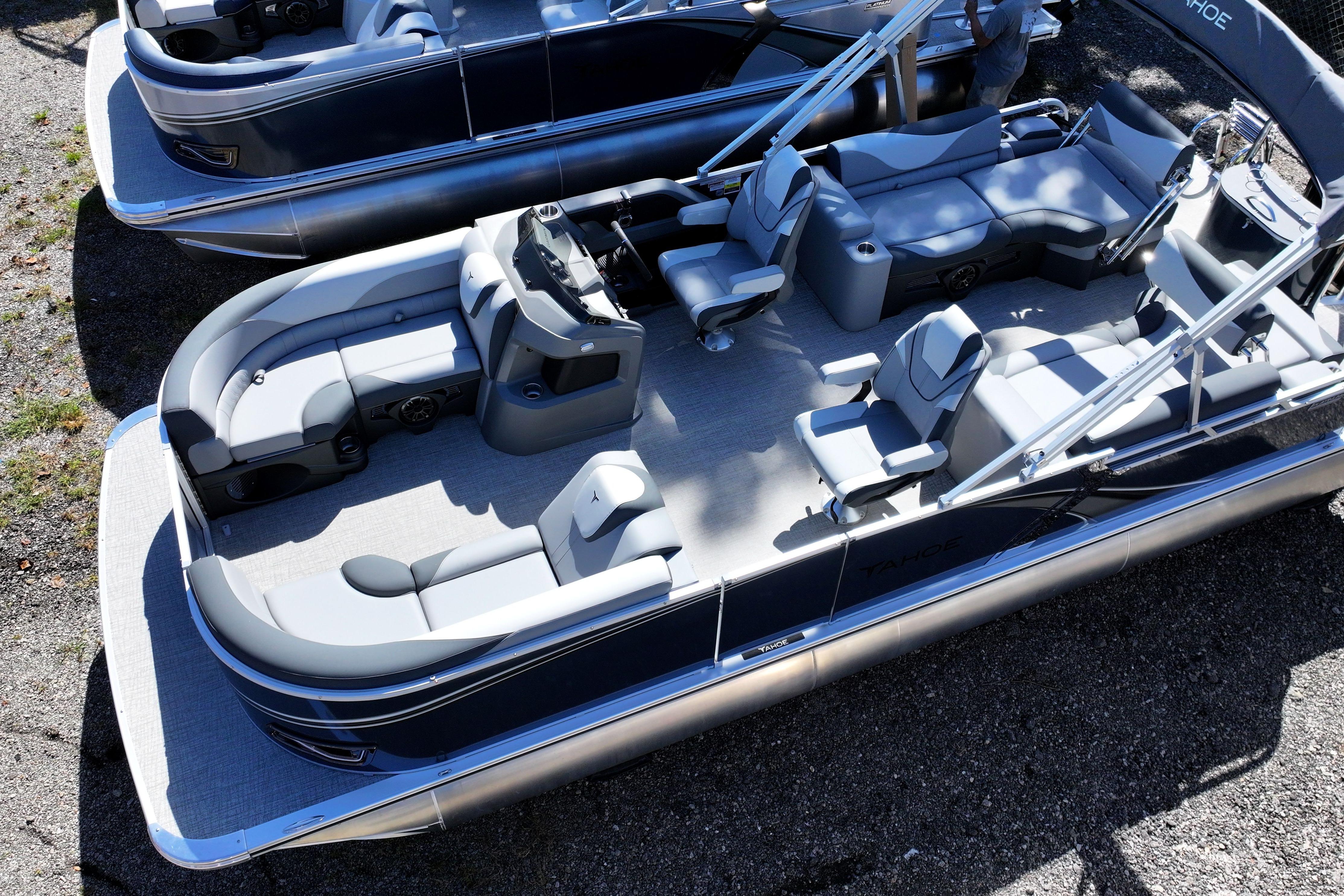 2026 Tahoe Pontoon LTZ Quad Lounger, luxury seating, sleek design, outdoor setting.