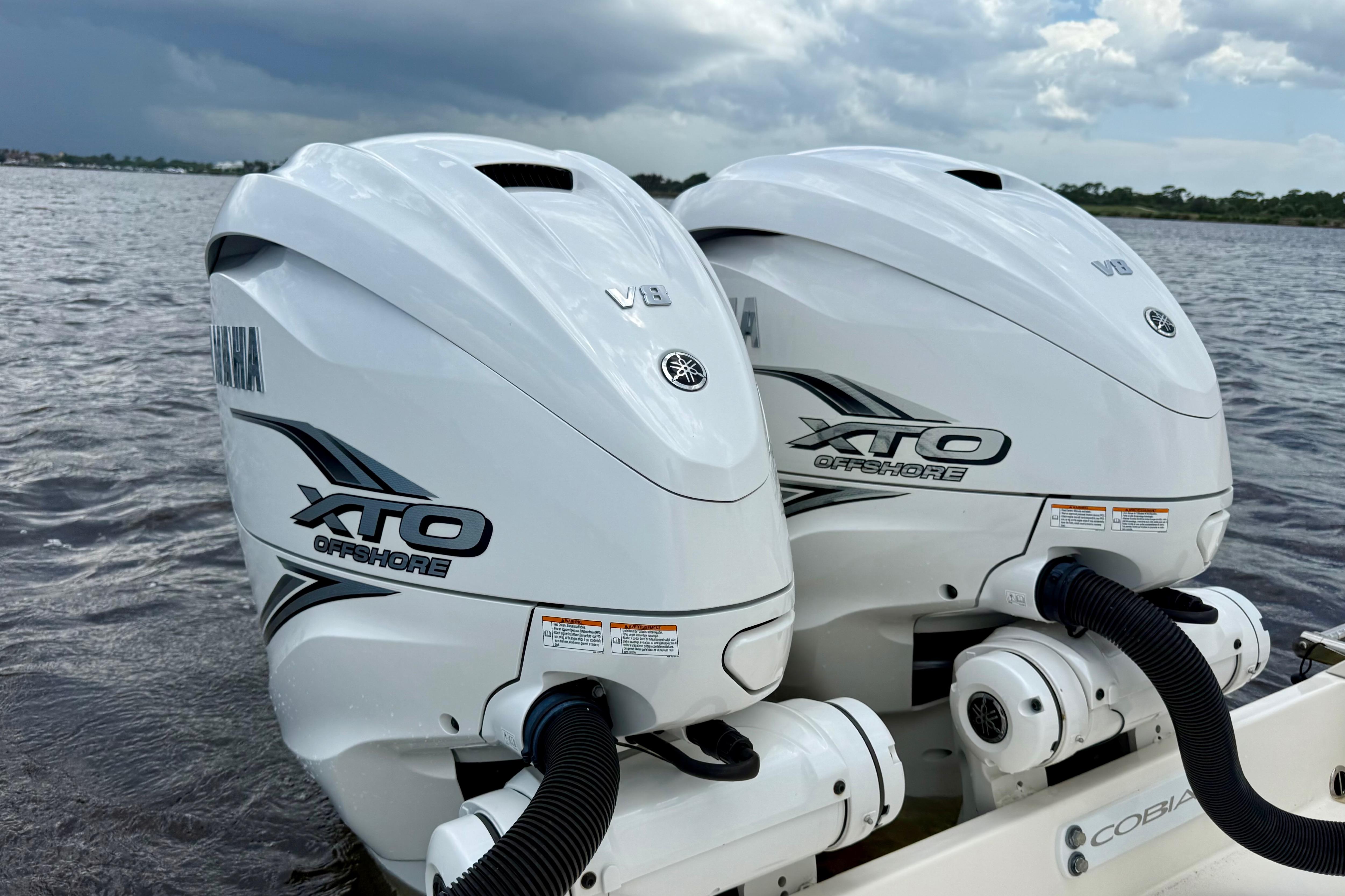 Twin Yamaha XTO Offshore engines on a 2023 Cobia 350 Center Console boat.