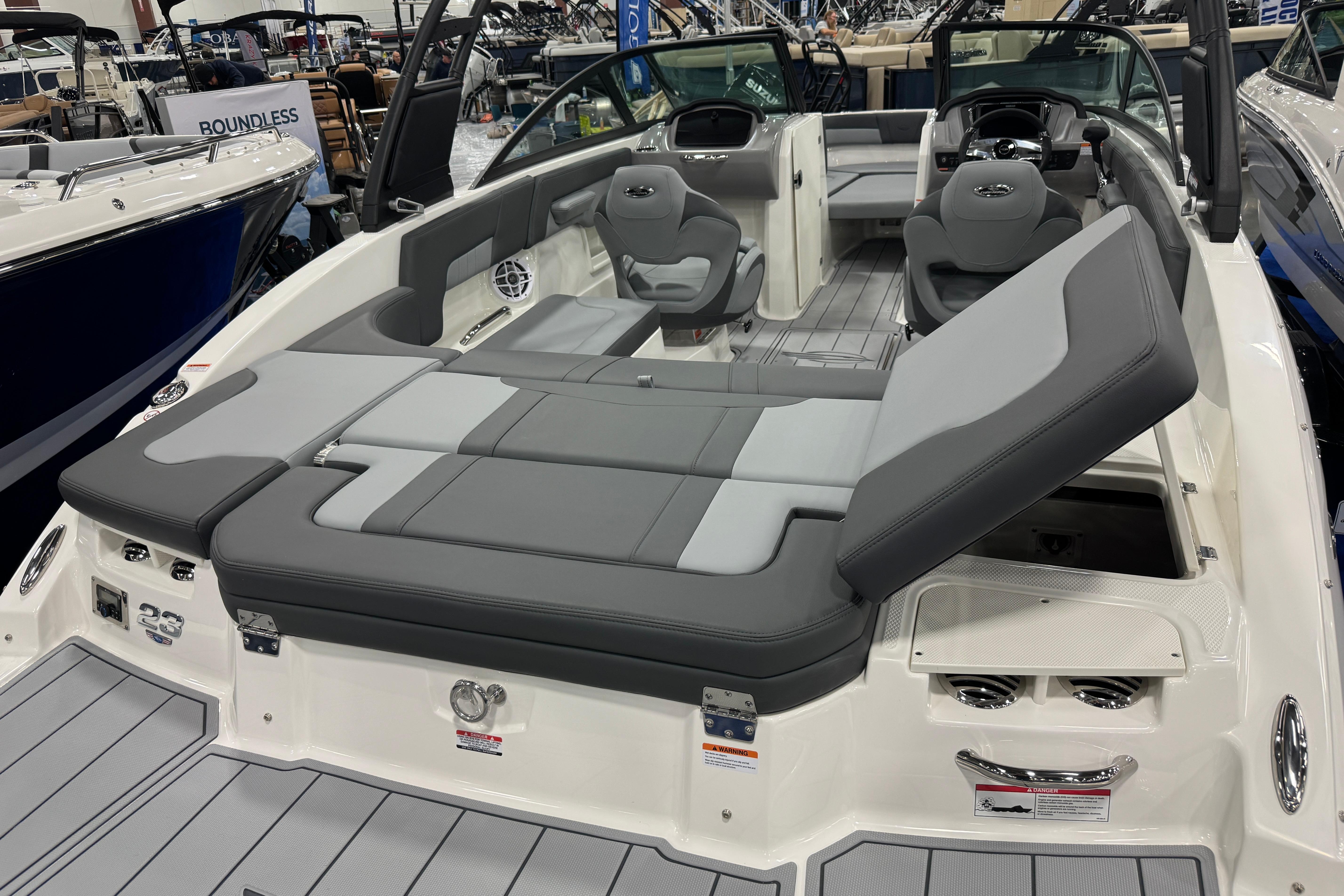 2026 Chaparral 23 SSi boat interior with gray seating and modern design.