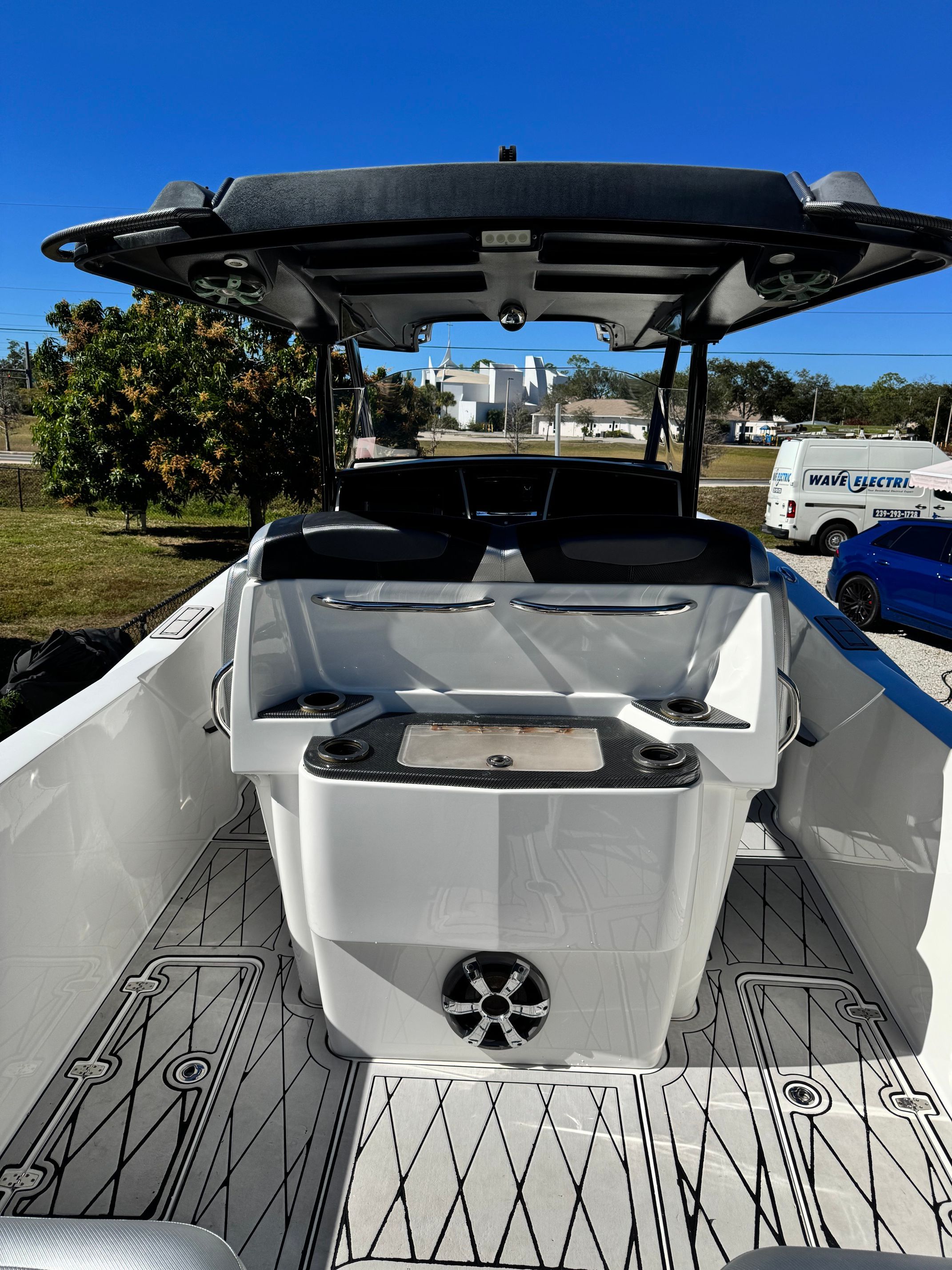 2017 Sunsation 32 CCX boat with sleek cockpit design.