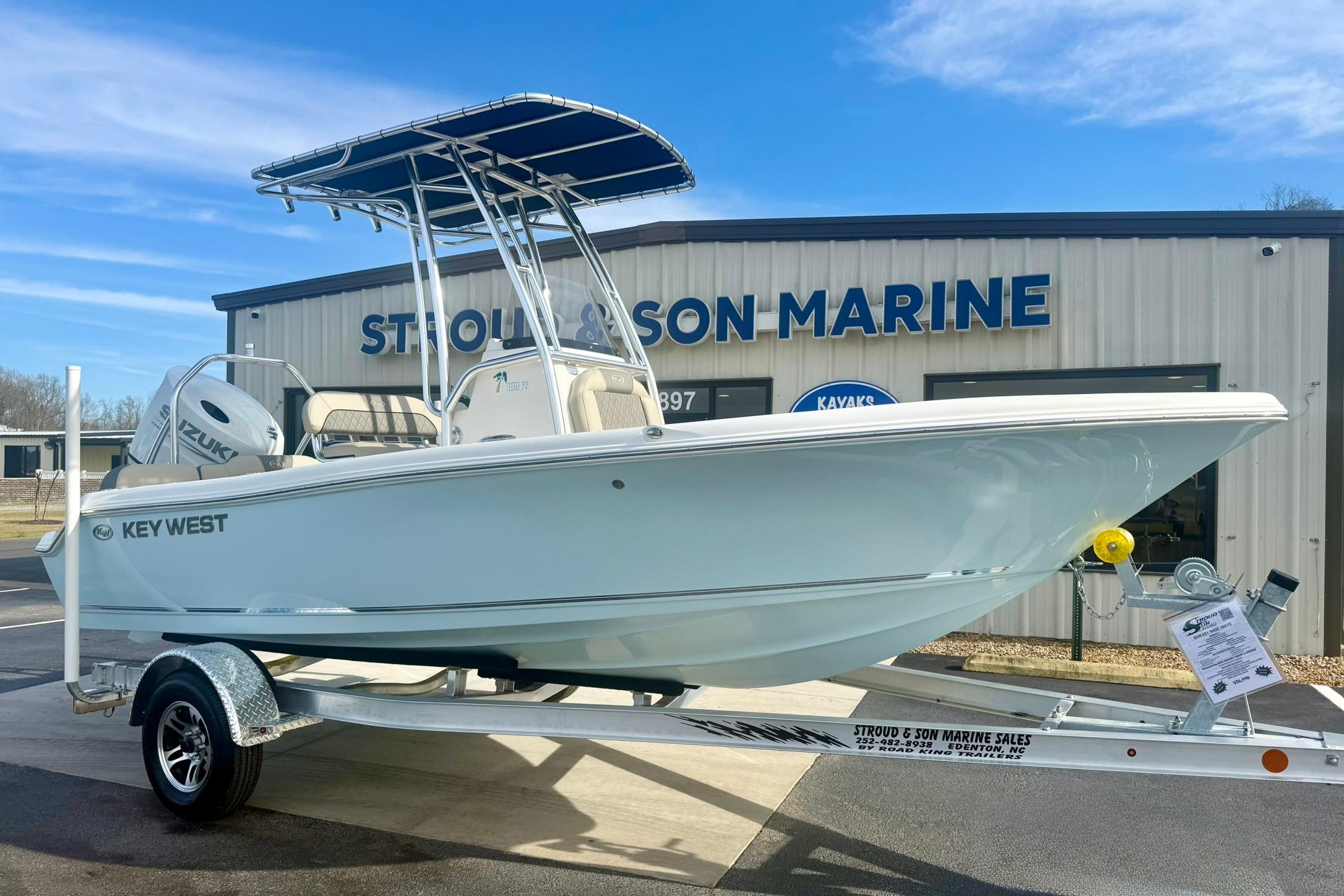2026 Key West 189 FS boat on trailer at Stroud & Son Marine dealership.